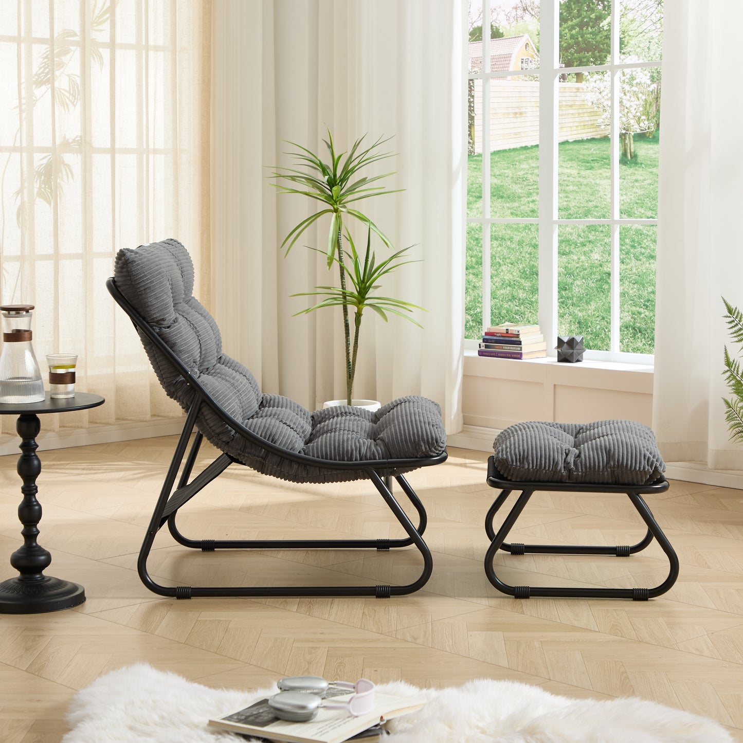 Patio Outdoor Lounge Chair with Ottoman, Comfy Sling Recliner Chair with Puffy Cushion and Foot Stool,   Ideal for Living Room, Bedroom, Reading Room, Black frame with grey cushion