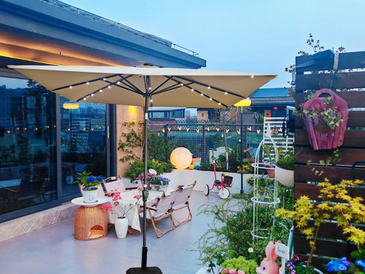 Square 2.5X2.5M Outdoor Patio Umbrella Solar Powered LED Lighted Sun Shade Market Waterproof 8 Ribs Umbrella with Crank and Cross Base for Garden Deck Backyard Pool Shade Outside Deck Swimming Pool
