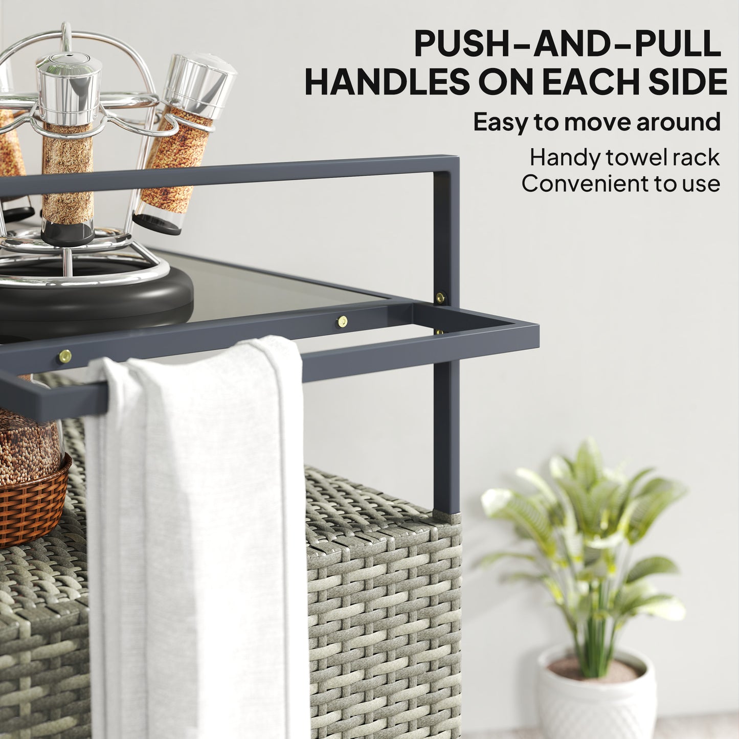 Outsunny Wicker Outdoor Bar Table with 2-Tier Shelf & Cabinet, Mixed Gray