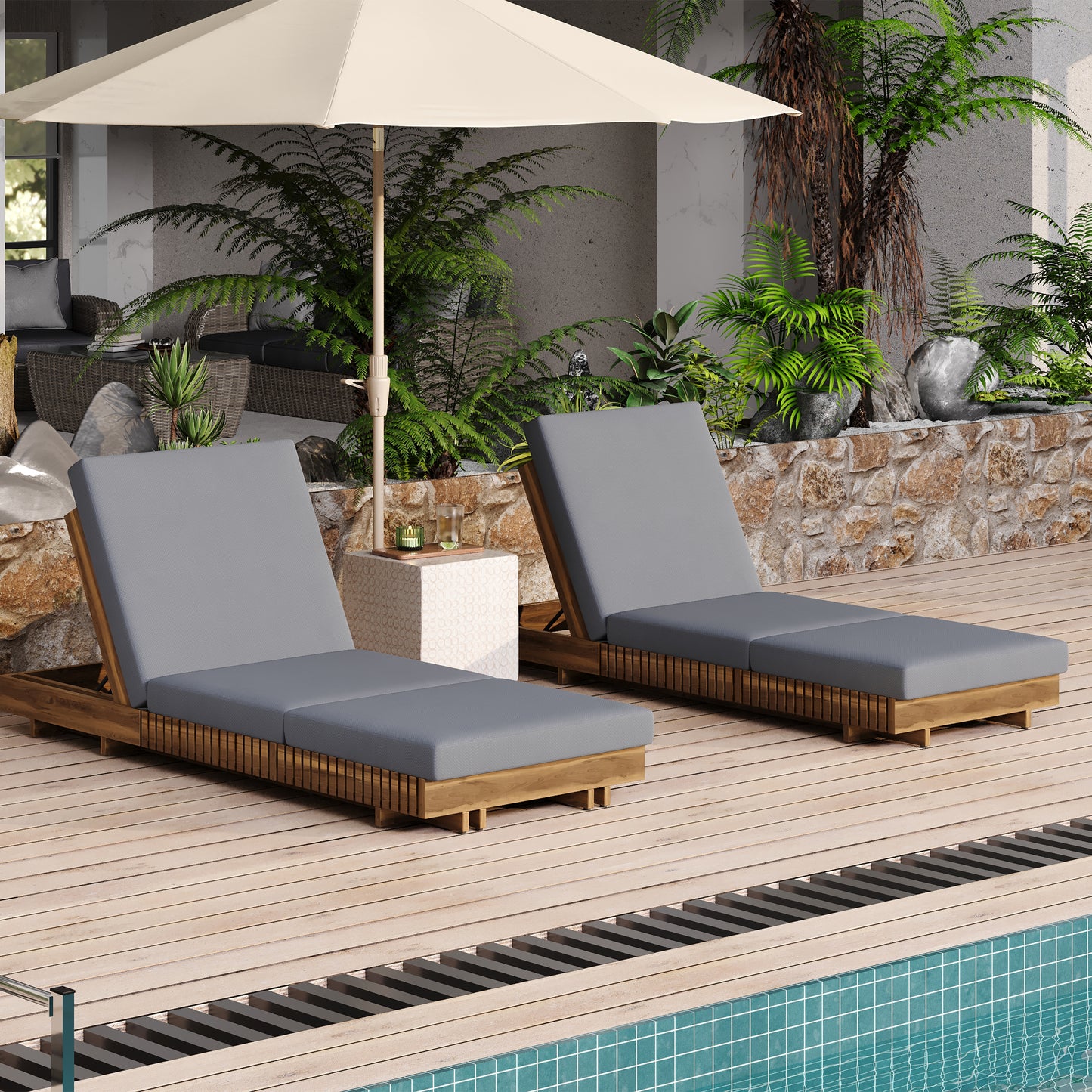 Lounge chaise Set, Acacia solid wood with  LOUNGE CUSHION (Dark Grey+TRIPLE FOLDS) - Matching Cream Version Available
