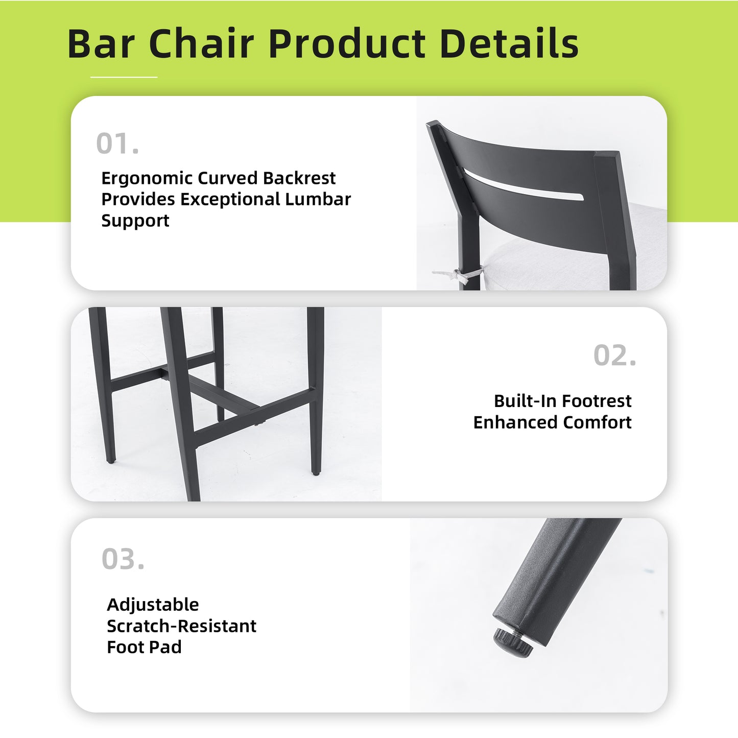 Modern Outdoor 2PC Bar Stools, Aluminum Patio Bar Chair with Ergonomic Backrest, Tapered Legs, Footrest, Ember Black, Sunbrella Cushion, Weather-Resistant, for Garden, Poolside, and Kitchen Island