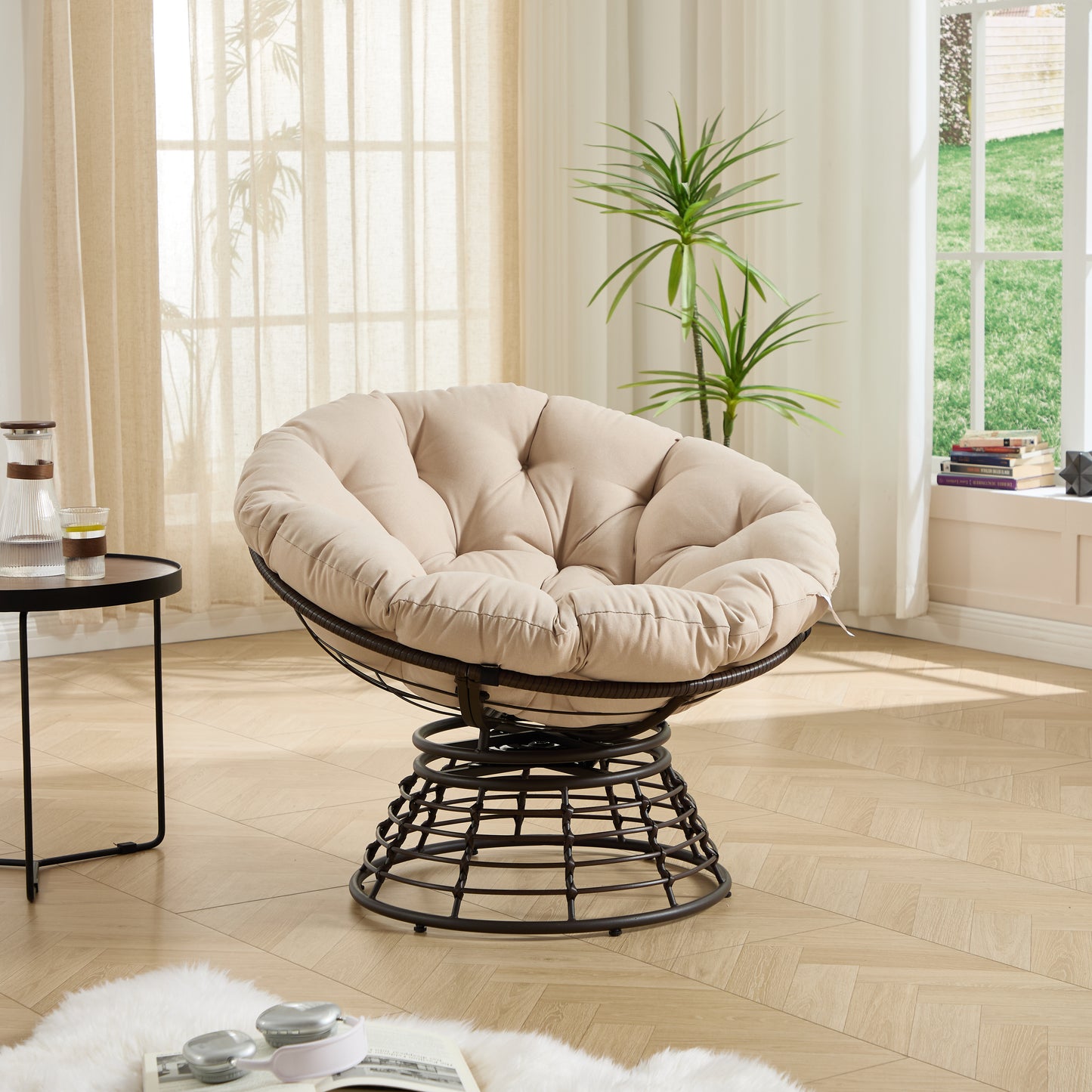 Comfortable Ergonomic Wicker Papasan Chair, 360° Swivel Indoor Outdoor Rattan Chair with Soft Thick Cushion, Ideal for Living Room, Bedroom, Reading Room, Brown Frame with Beige Cushion