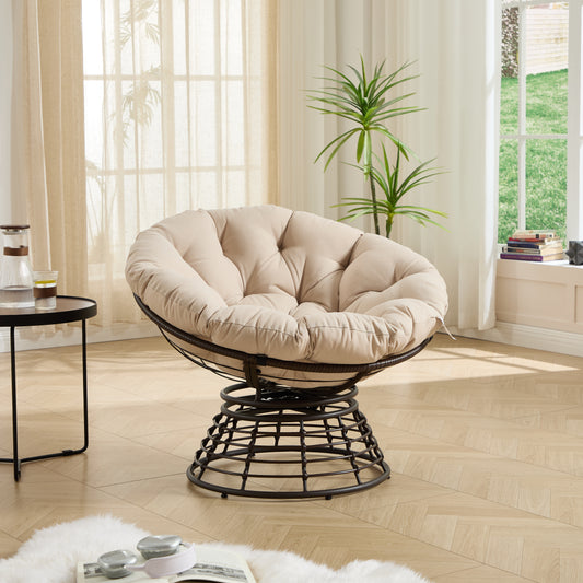 Comfortable Ergonomic Wicker Papasan Chair, 360° Swivel Indoor Outdoor Rattan Chair with Soft Thick Cushion, Ideal for Living Room, Bedroom, Reading Room, Brown Frame with Beige Cushion