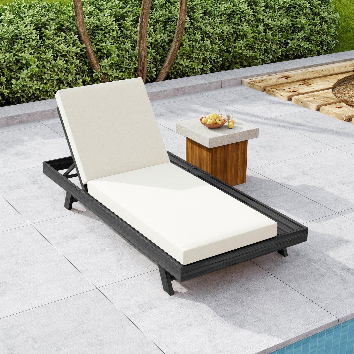 Lounge Chaise Set, Space Available On One Side, Acacia Wood In Black With Water-Resistant Lounge Cushions (Cream & 4 Inch Thick) – Matching Dark Grey Version Available