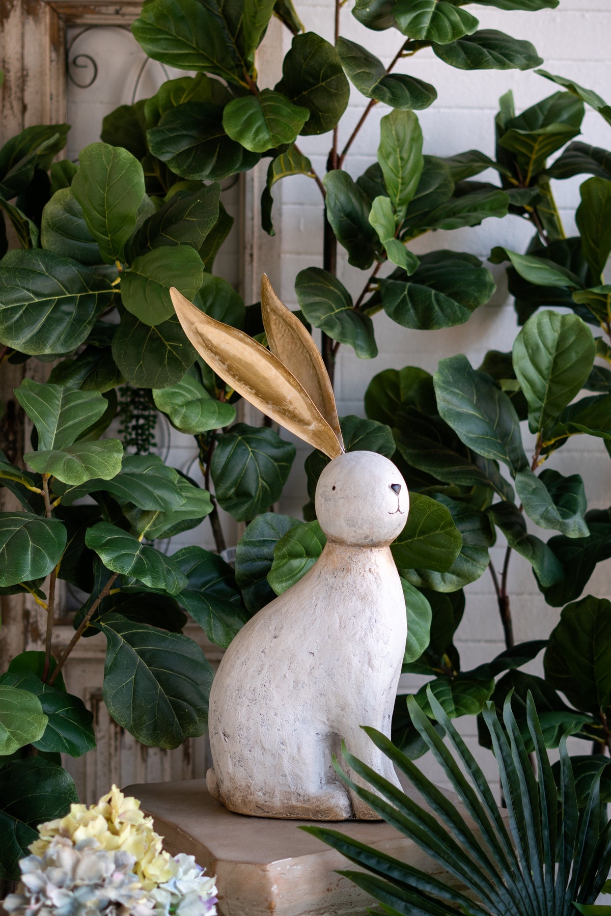 11x5.7x24.8" White Magnesium Rabbit Figurine with Gold Iron Ears