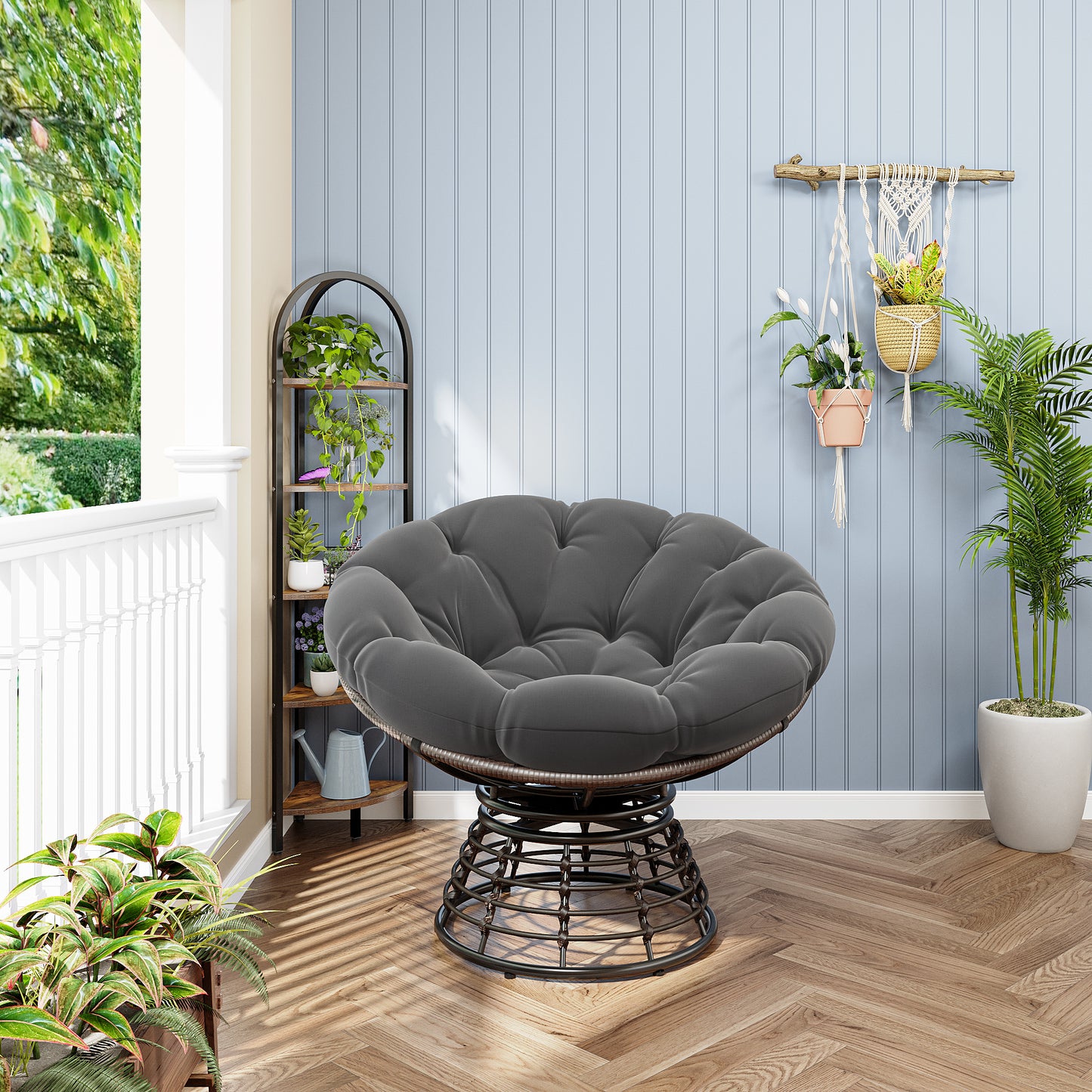 Comfortable Ergonomic Wicker Papasan Chair, 360° Swivel Indoor Outdoor Rattan Chair with Soft Thick Cushion, Ideal for Living Room, Bedroom, Reading Room, Brown Frame with Grey Cushion