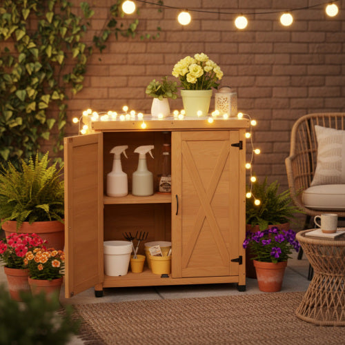Outdoor 31 in. Potting Bench Table with Rustic Wood Storage Cabinet and Metal Table Top for with 2-Tier Shelves