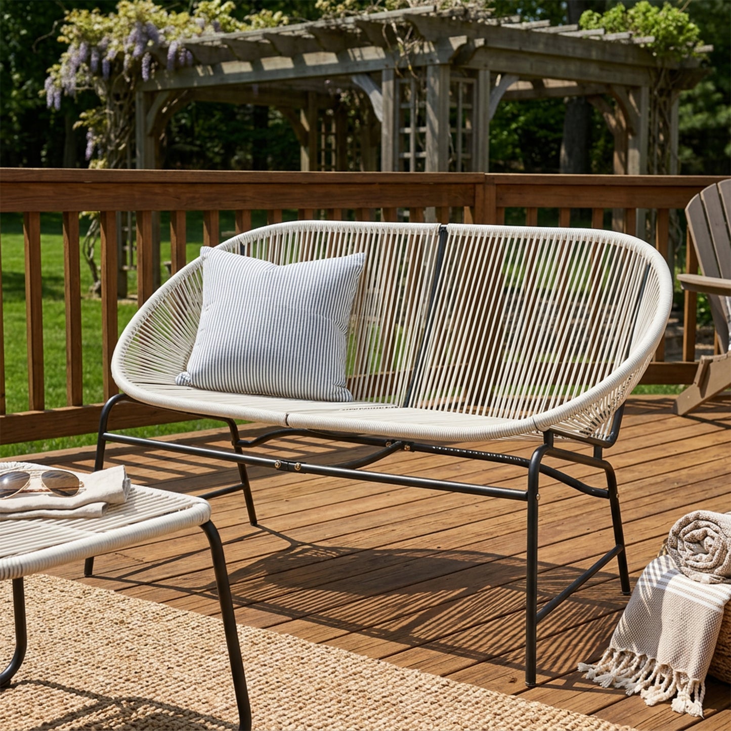 CONDESSA OUTDOOR PATIO WICKER LOVE SEAT, WHITE PE RATTAN &  IRON FRAME, SET OF 1