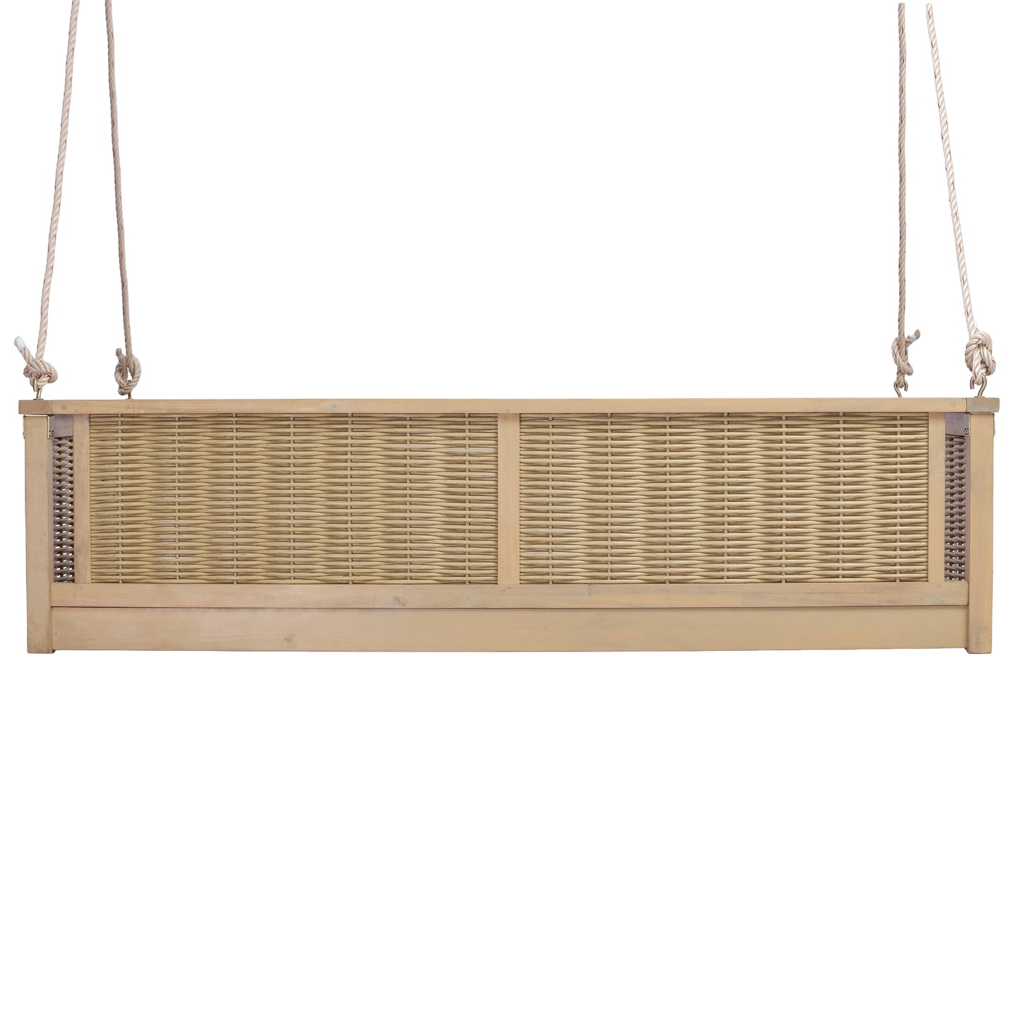 TOPMAX Outdoor Classic Solid Wood Twin Size Swing Bed,Garden Porch Rattan Swing Frame with Long Ropes for Poolside, Backyard, LIGHT TEAK