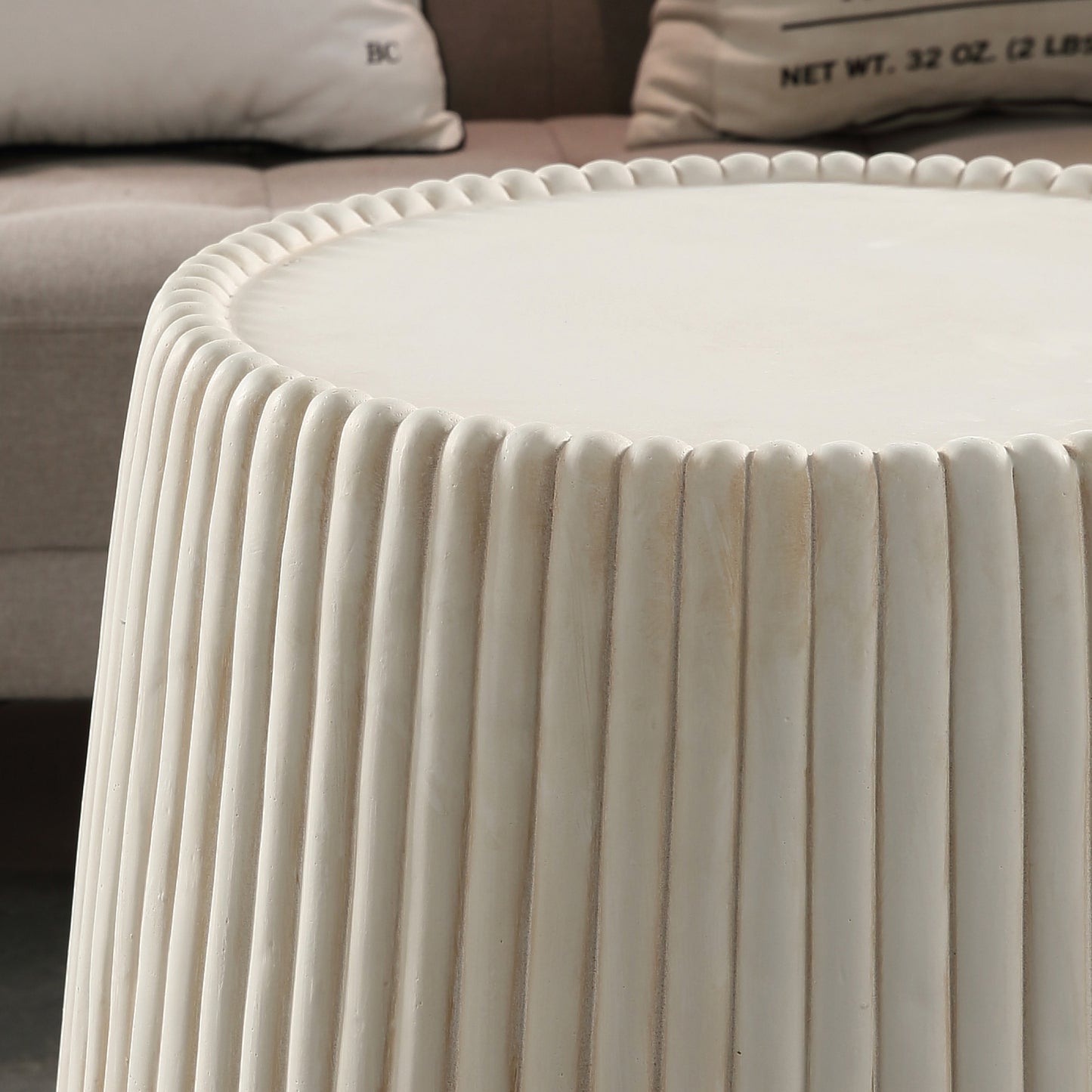 Off-White Magnesium Oxide Fluted Tapered Side Table  16.54" Top Diameter Round End Table