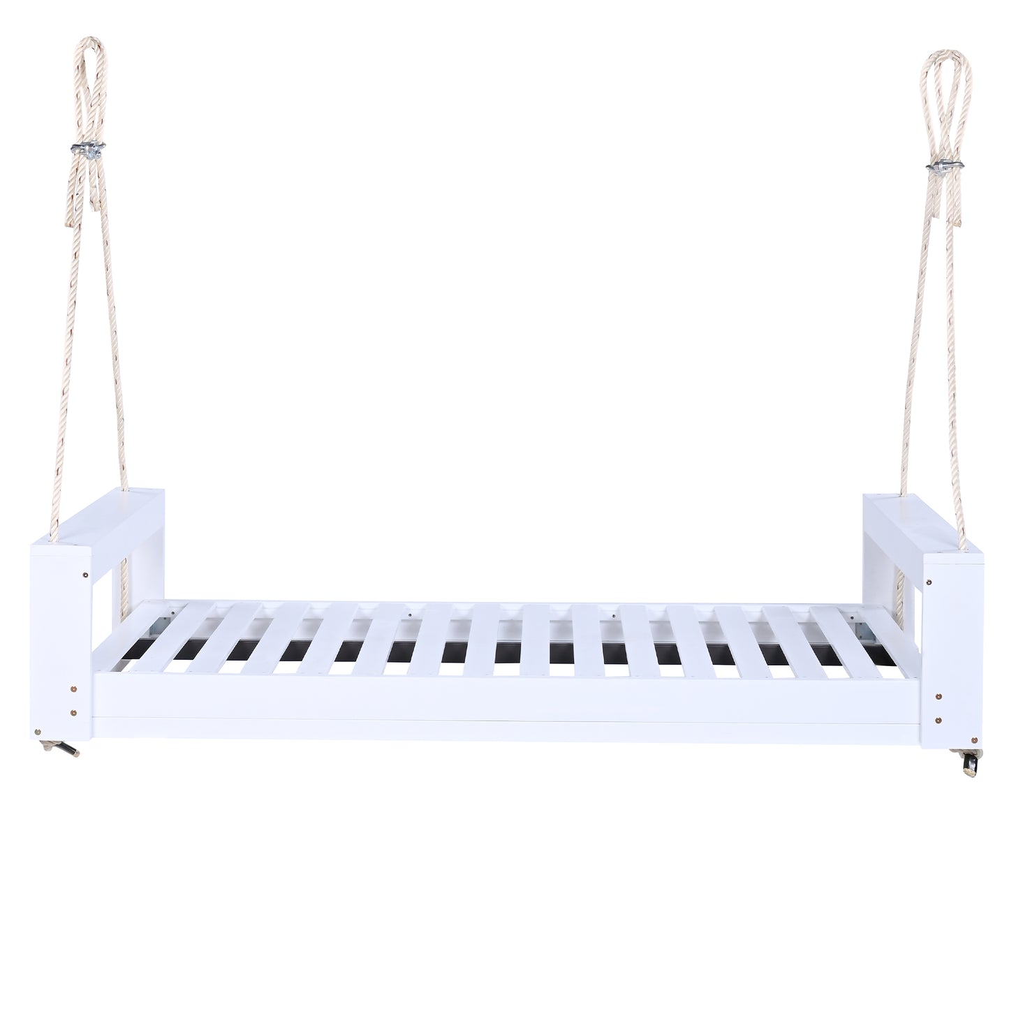 TOPMAX Twin Size Porch Swing Bed Seating Group, Patio Acacia Wood Swing Frame with Hemp Ropes for Garden, Backyard, White