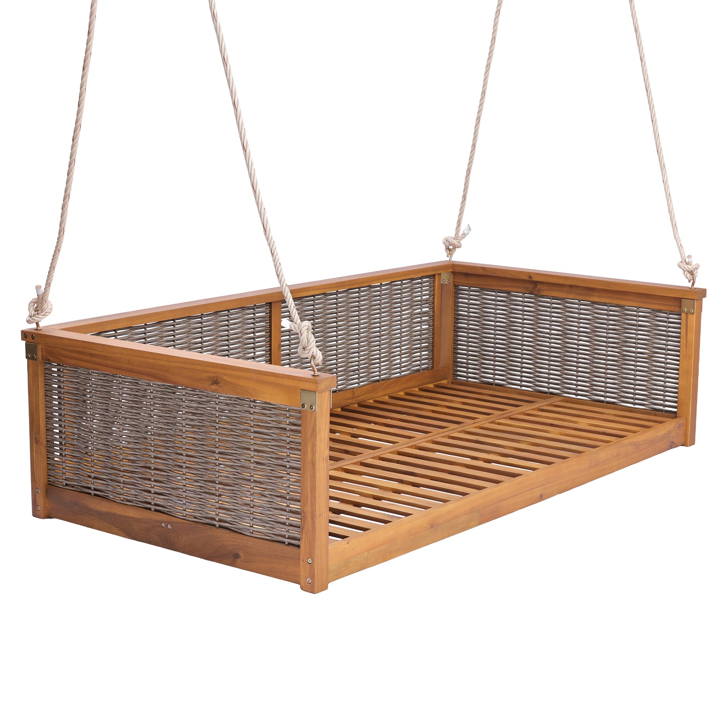 TOPMAX Outdoor Classic Solid Wood Twin Size Swing Bed,Garden Porch Rattan Swing Frame with Long Ropes for Poolside, Backyard,TEAK