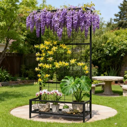 3-Tier Plant Stand With Hanging Basket - Vintage Wood & Iron Rolling Plant Shelf For Indoor Outdoor Use, Space Saving Design With Lockable Casters