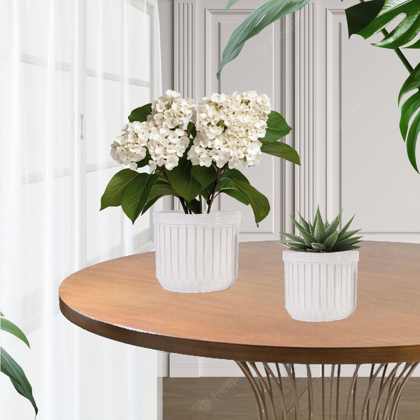 Handmade White Ceramic Planter Set of 4, 6/8/10/12 Inch Diameter, Vertical Line Pattern for Succulents & Cacti, Indoor/Outdoor Use on Windowsill & Bookshelf, Breathable Material