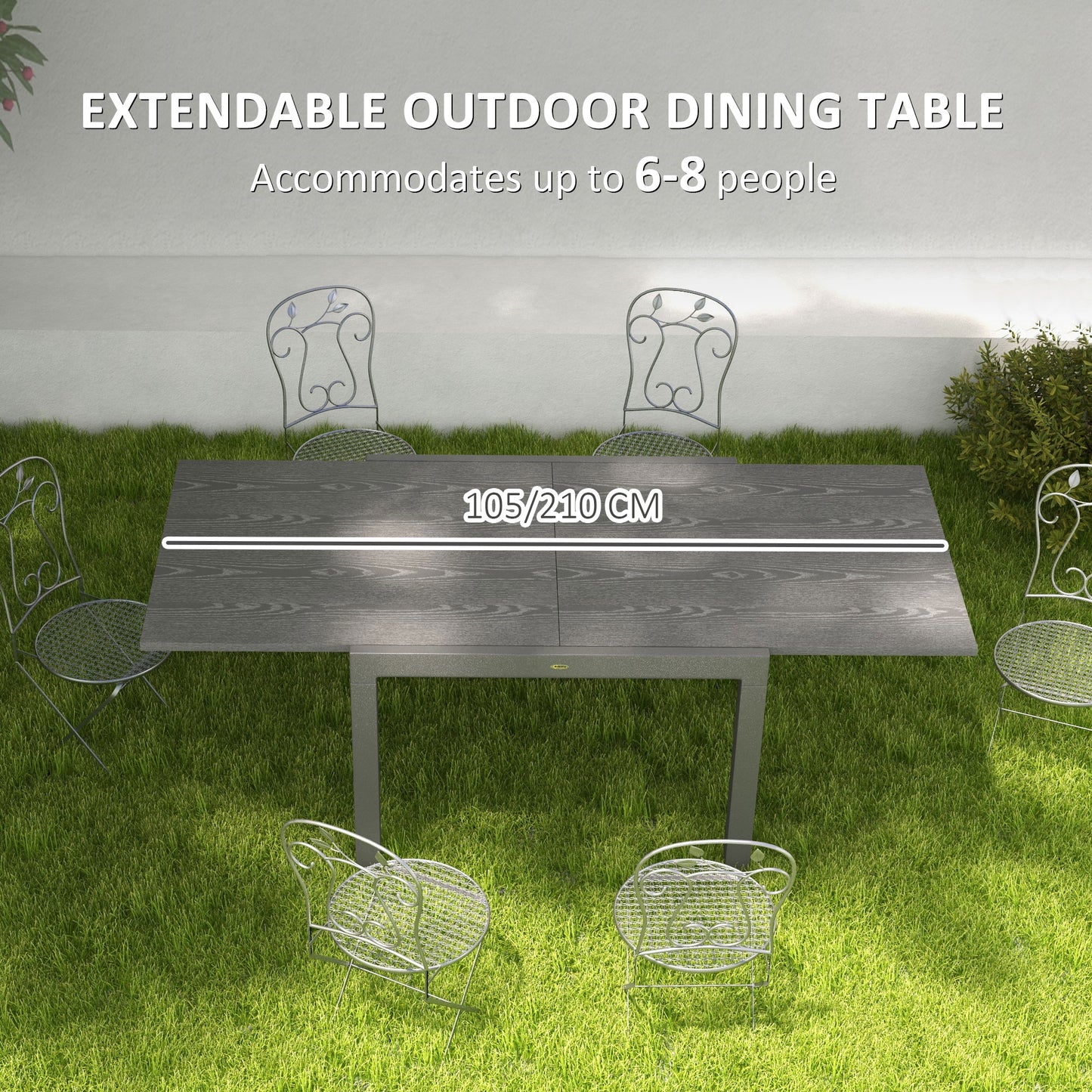 Outsunny Extendable Outdoor Dining Table, 41"- 83" Aluminum Frame Patio Table with Wood Effect Steel Top, Rectangle Expandable Patio Table for 6-8, Dark Gray