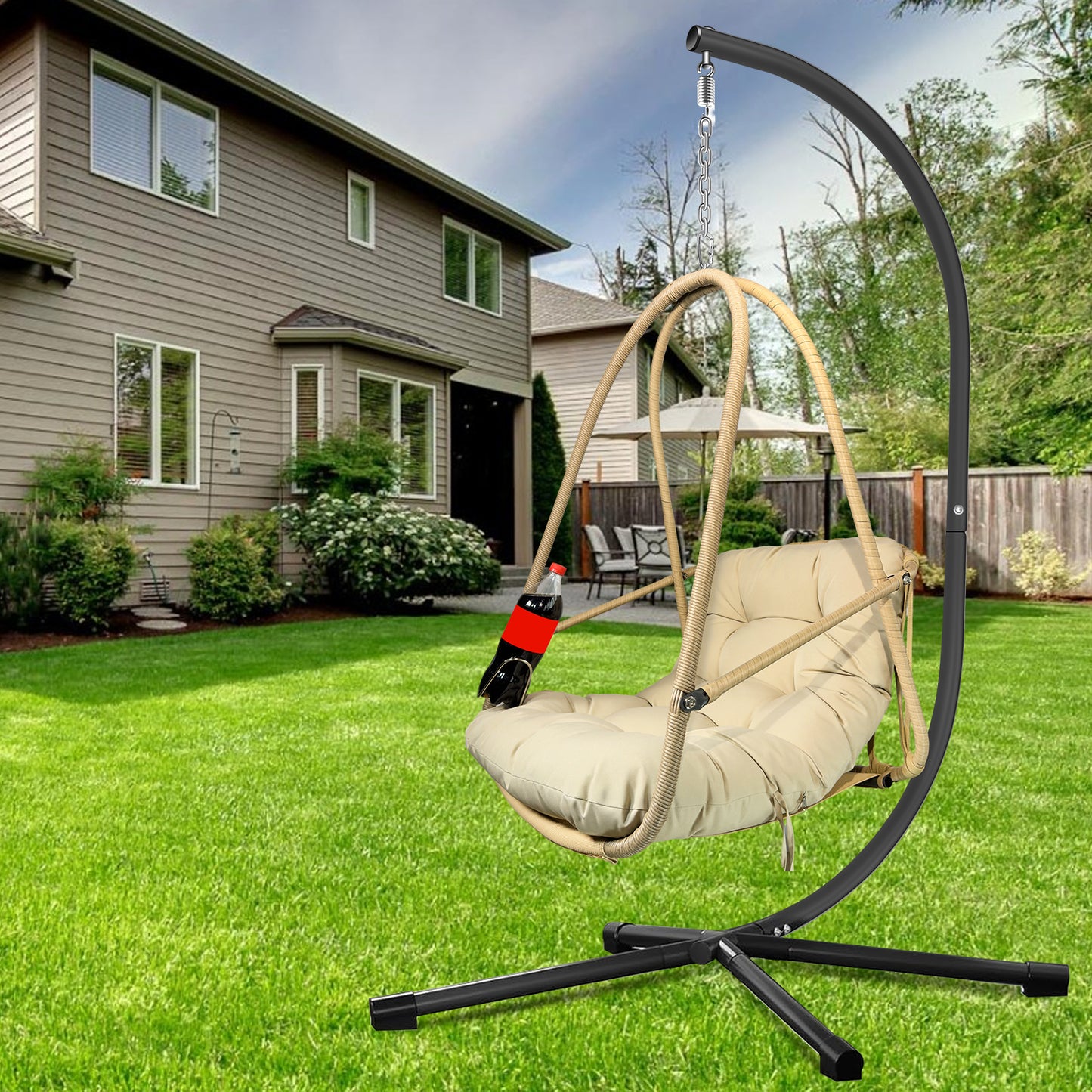 Swing Egg Chair with Stand Indoor Outdoor Wicker Rattan Patio Basket Hanging Chair with C Type bracket , with cushion and pillow,Patio Wicker folding Hanging Chair( Special construction cup holder