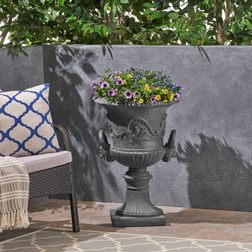 18.75 in. W x 28.25 in. H Black Lightweight Concrete Garden Urn Planter, Roman Design with Botanical Accents