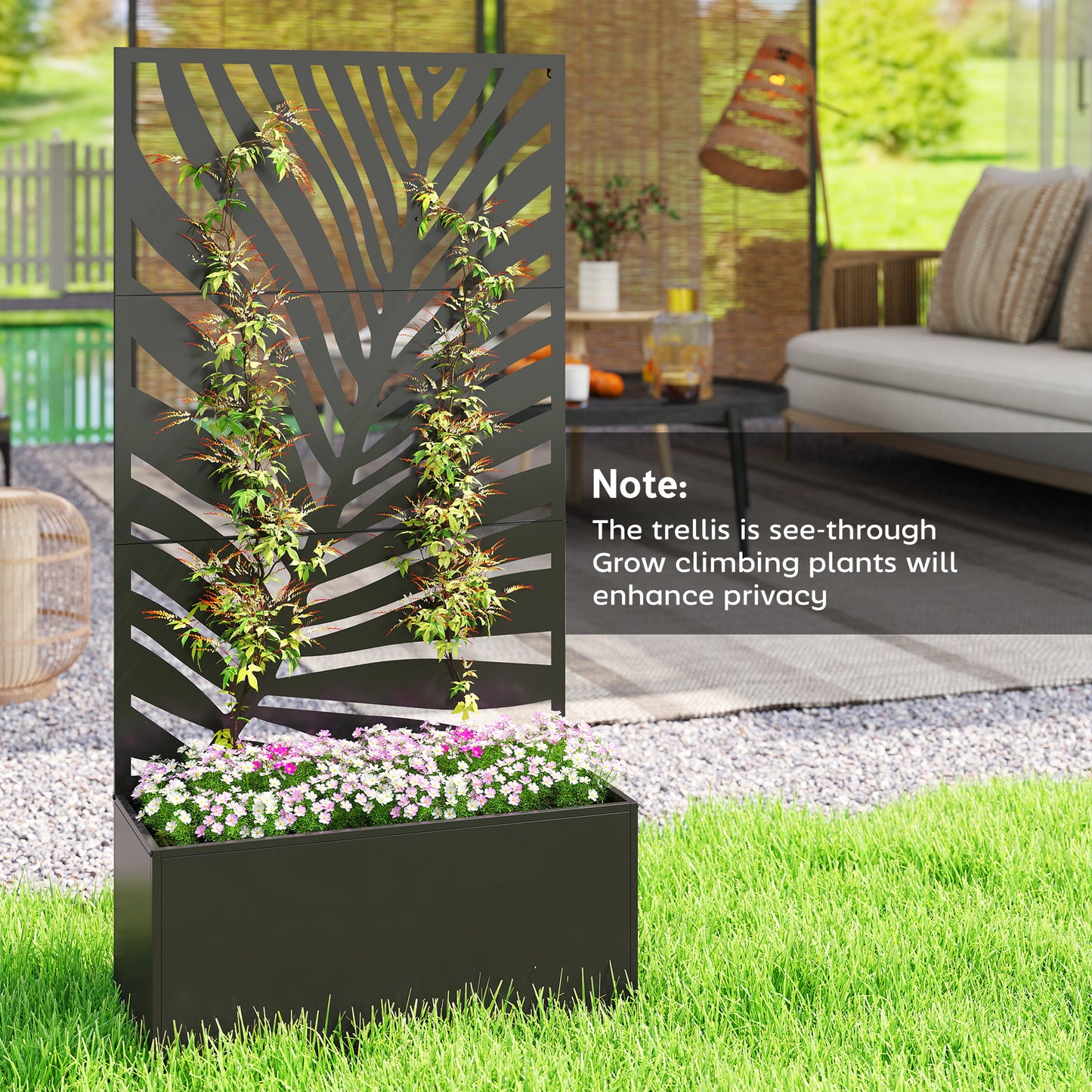 Outsunny Metal Planter Box with Trellis, Raised Garden Bed with Privacy Screen for Climbing Plants, Leaf Cut-Out Privacy Planter