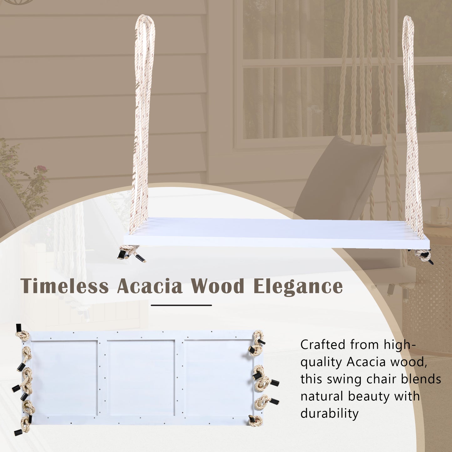 TOPMAX Patio Wooden Swing Chair, Hanging Porch Swing Bench with Cushion&Pillows, 10.8Ft Hemp Ropes for Garden,Backyard, Lawn,White