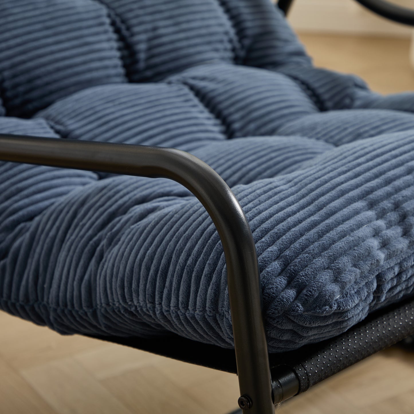 Outdoor Rocking Chair, Comfy Cushion, with Soft Thick Cushion,for Living Room, Bedroom, Reading Room, Black Frame with Navy blue Cushion