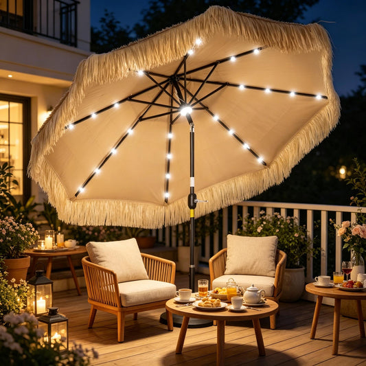 Straw Tassel Design Garden Umbrella,Hawaiian Style Outdoor Umbrella,Patio Umbrella with Solar Powered LED Light(Only Umbrella)