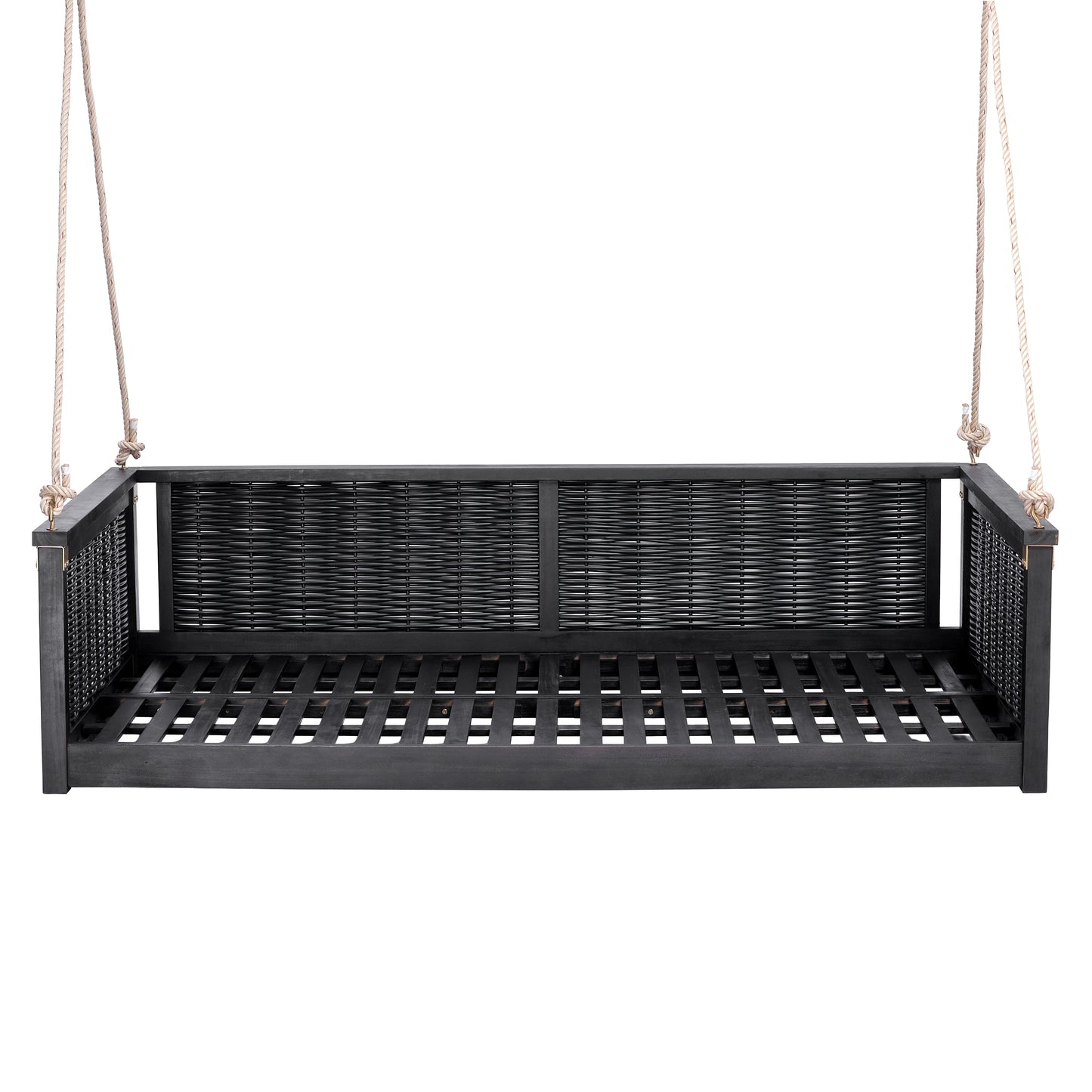 TOPMAX Outdoor Classic Solid Wood Twin Size Swing Bed,Garden Porch Rattan Swing Frame with Long Ropes for Poolside, Backyard, BLACK