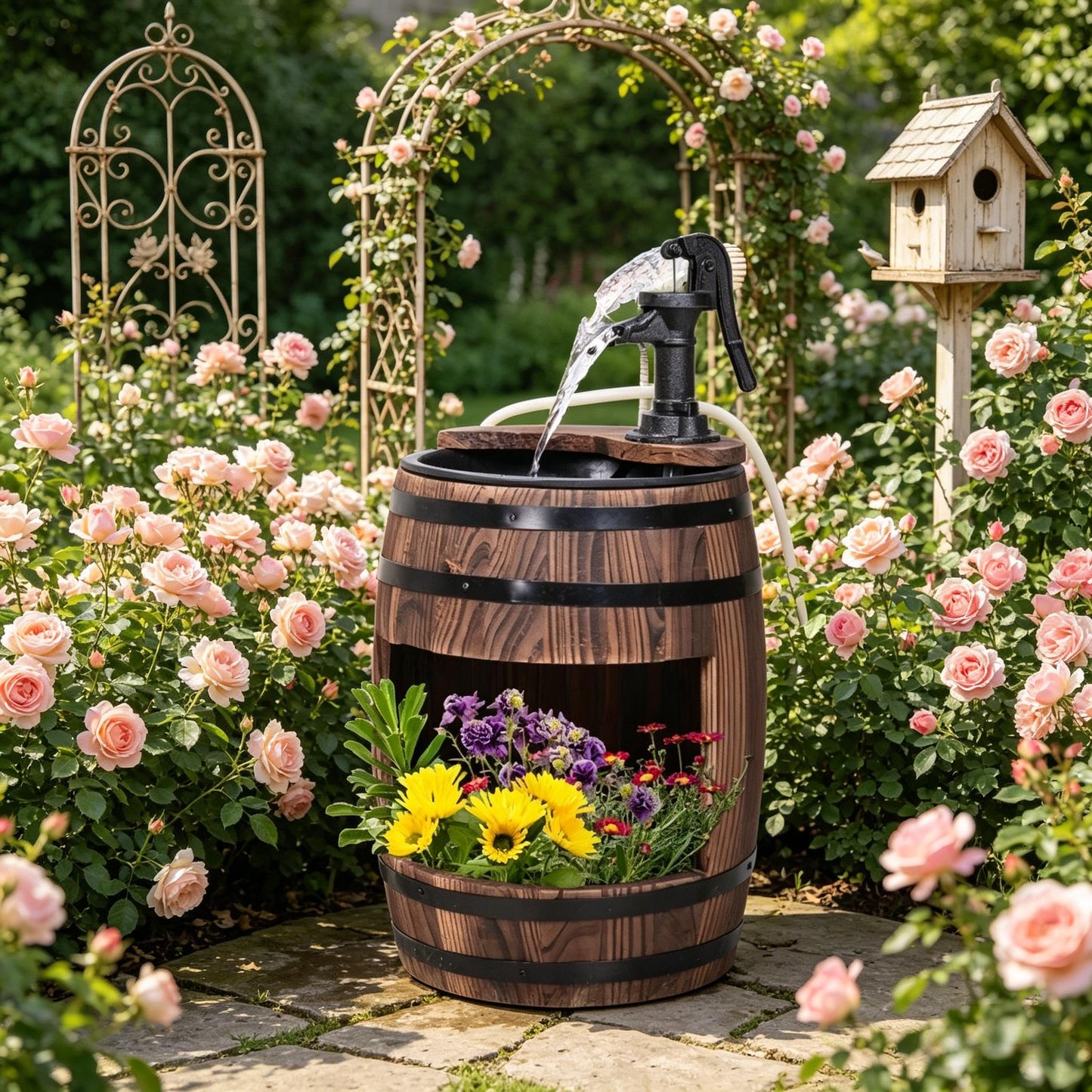 Wooden Water Pump Fountain,Patio Water Fountain,Apple Barrel Pump Garden Decor,Outdoor Water Fountain