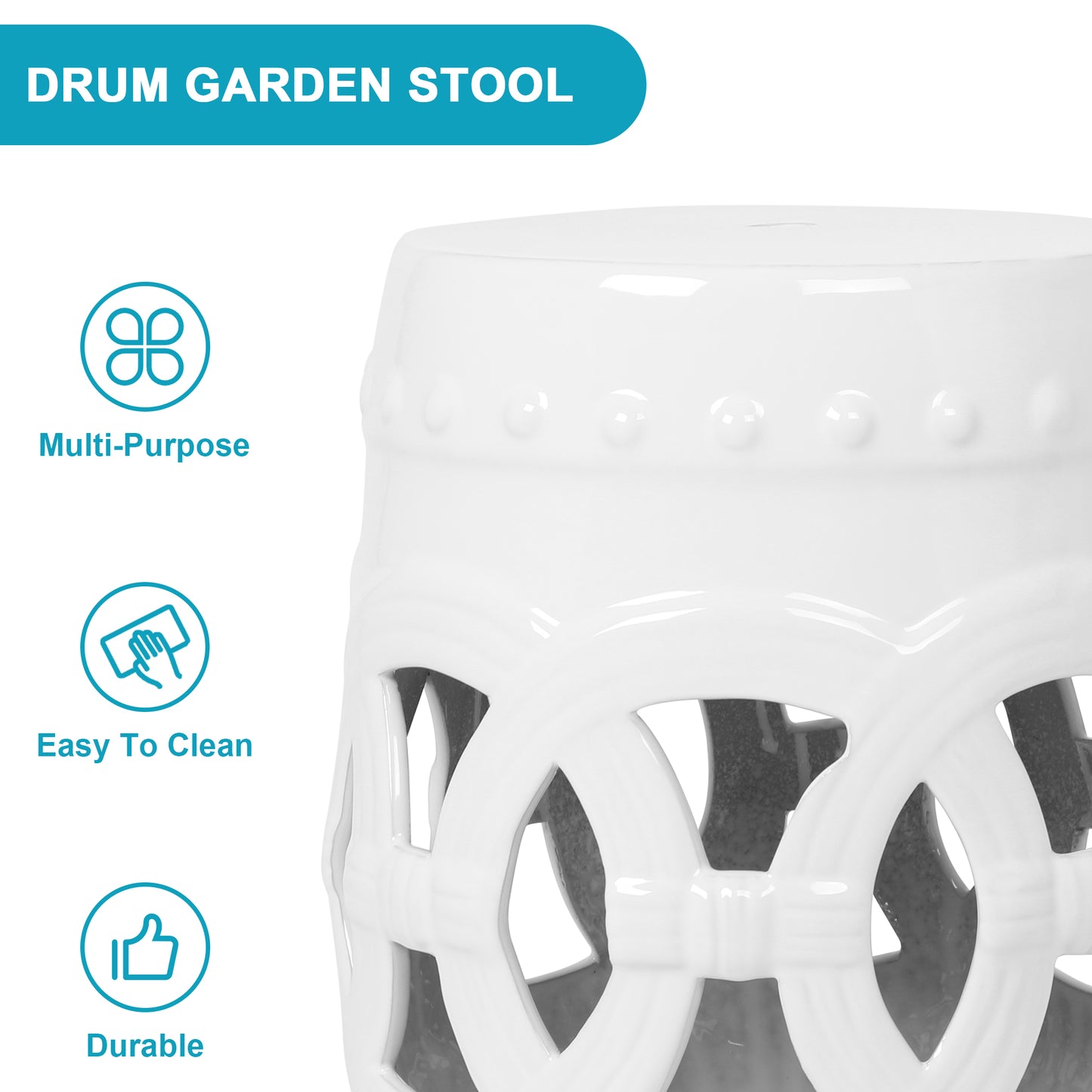 10.5" x 17" Glazed Ceramic Drum Stool - Indoor/Outdoor Side Table - Accent Garden Stool