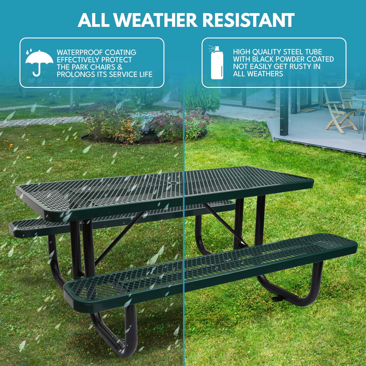 6 ft. Rectangular Outdoor Steel Picnic Table with umbrella pole in Green