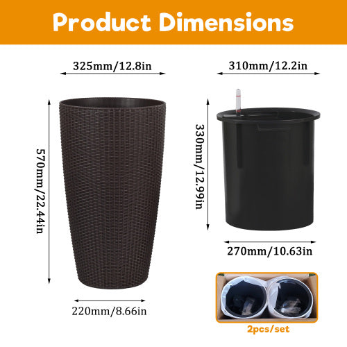 22 in. Brown Outdoor Plastic with Water Level Monitor Inner Bucket Automatic Watering Round Planter (2-Pack)
