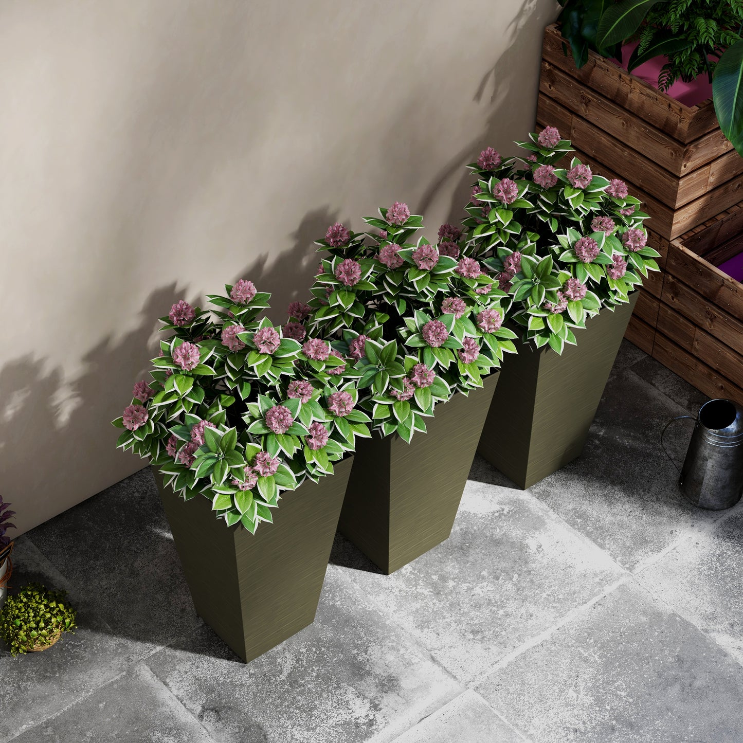 Outsunny 28" Tall Outdoor Planters, Set of 3 Large Taper Planters with Drainage Holes and Plug, Faux Wood Plastic Flower Pots for Outdoor, Indoor, Garden, Patio, Dark Brown