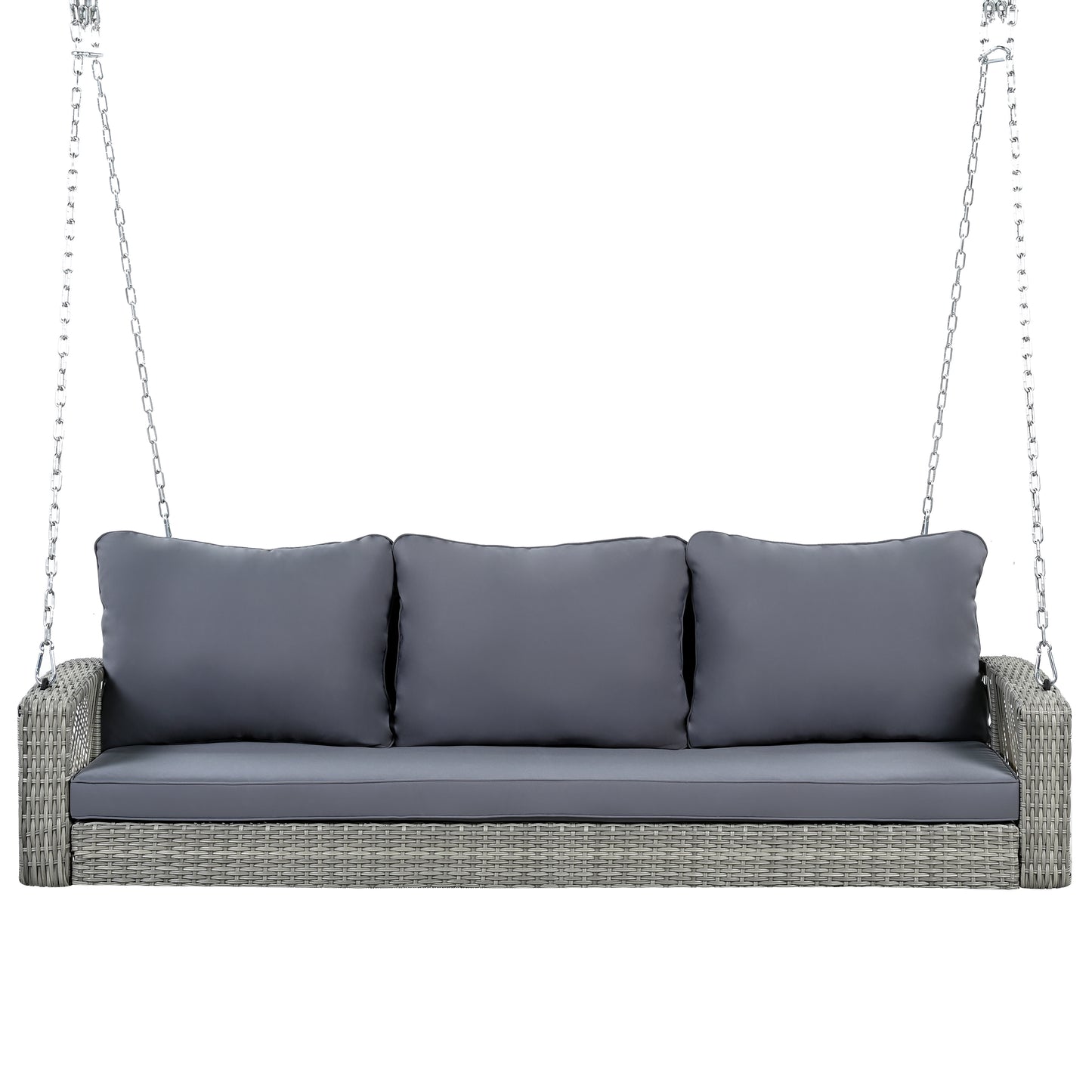 GO 69" PE Wicker 3-Person Porch Swing with Chains, Large Patio Swing Bench with Cushions for Backyard, Garden, and Poolside, Gray69"