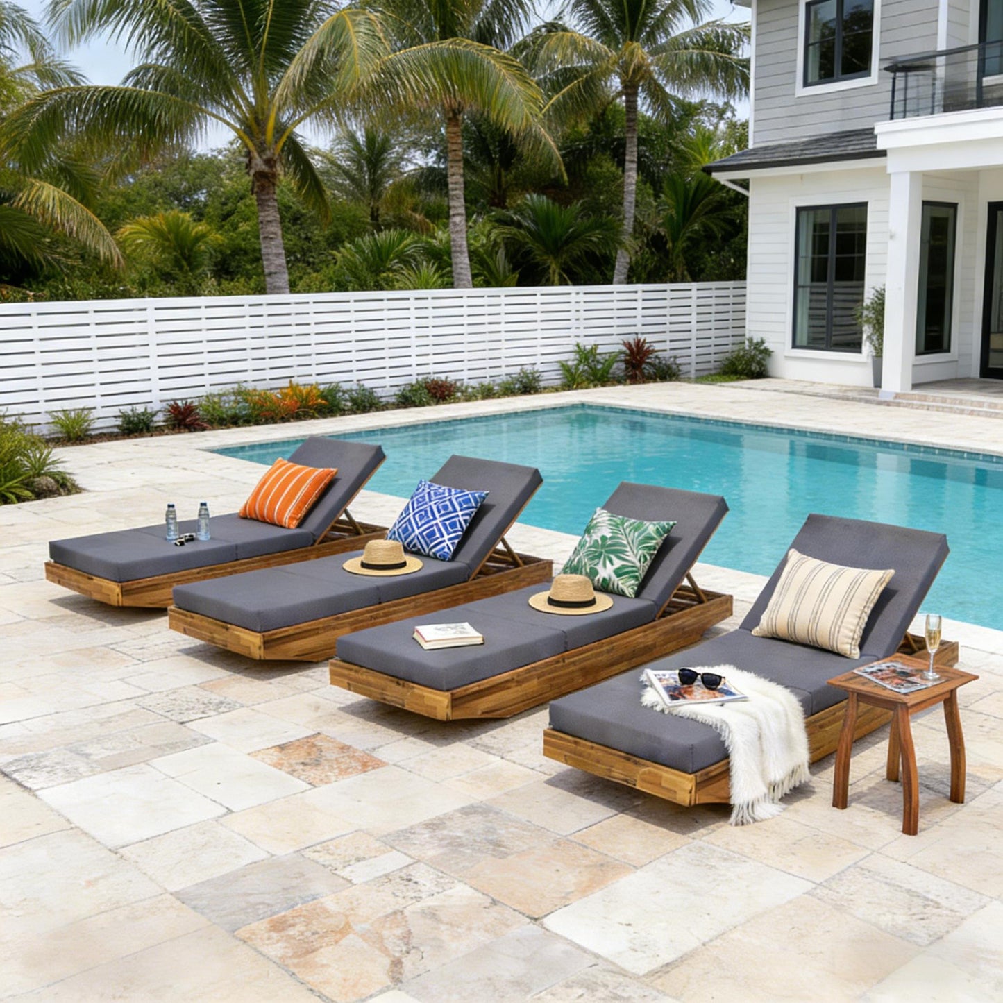 Acacia Wood Chaise Lounge with Cushion - Teak Finish Outdoor Recliner with Dark Grey 3-Fold Water-Repellent Cushion, 300lbs Capacity