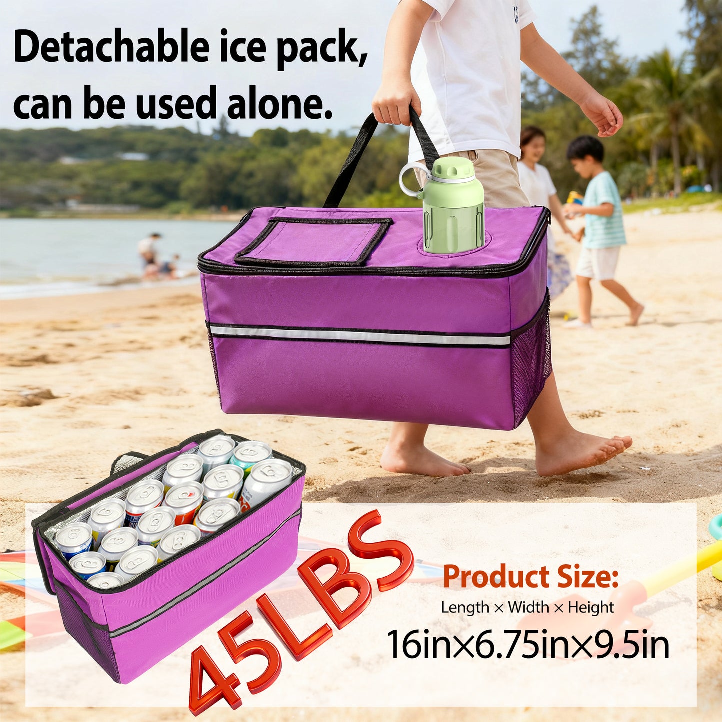3-in-1 Heavy-Duty Folding Wagon Cart with Bench Seat & Storage, patent protection-Includes 1 ice pack, 500lbs, 180L Capacity, All-Terrain Wheels for Camping, Beach, Sports, Garden, Fish, Purple