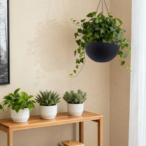 Black Resin Hanging Basket, Hanging Flower Basket Planter Pots, Hanging Planters for Indoor Outdoor Plants, 2-Pack
