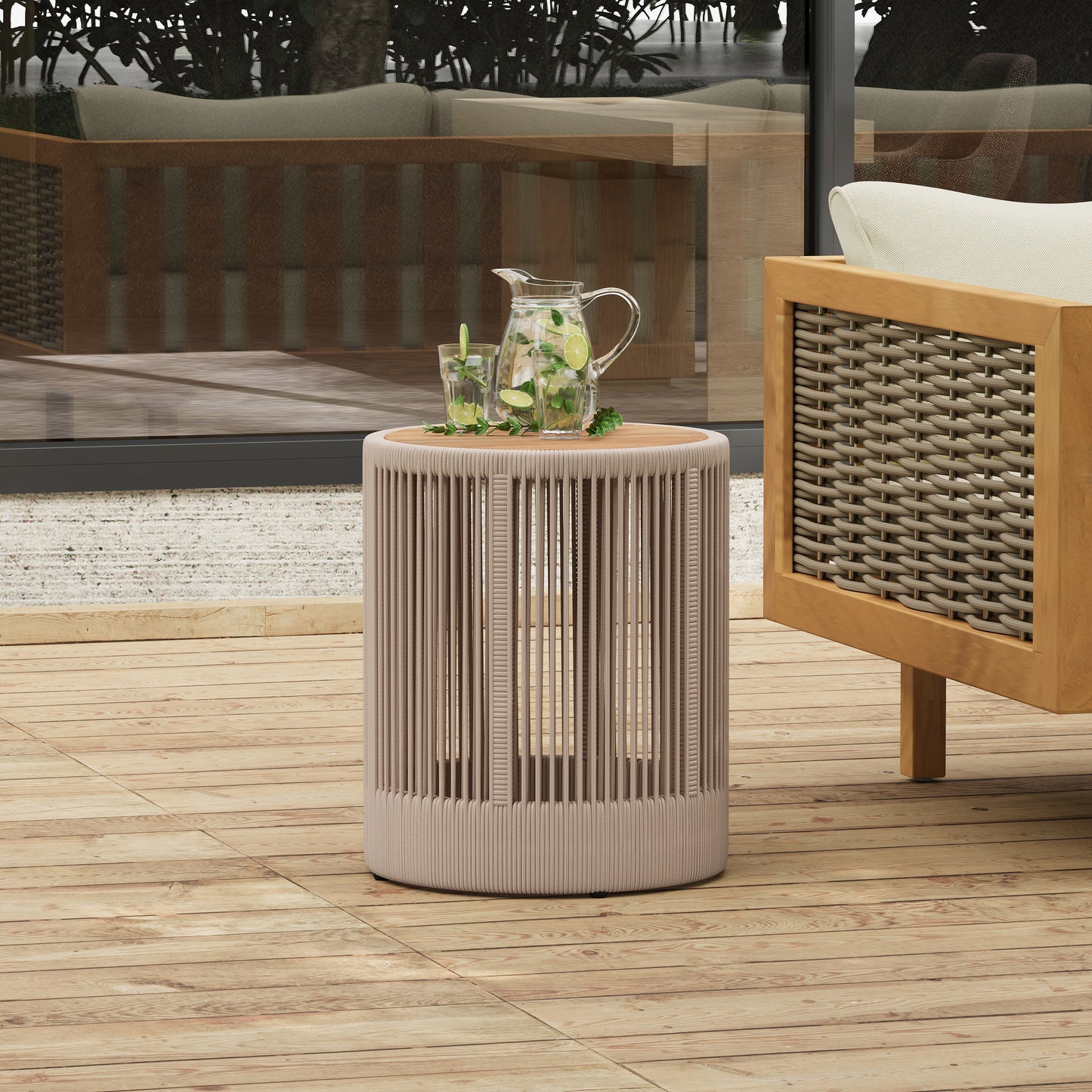 Outdoor Rattan rope & Acacia Wood Side Table - Patio Balcony Furniture for Garden, Yard, Balcony - Weather Resistant(Rope Beige, Natural Iron)