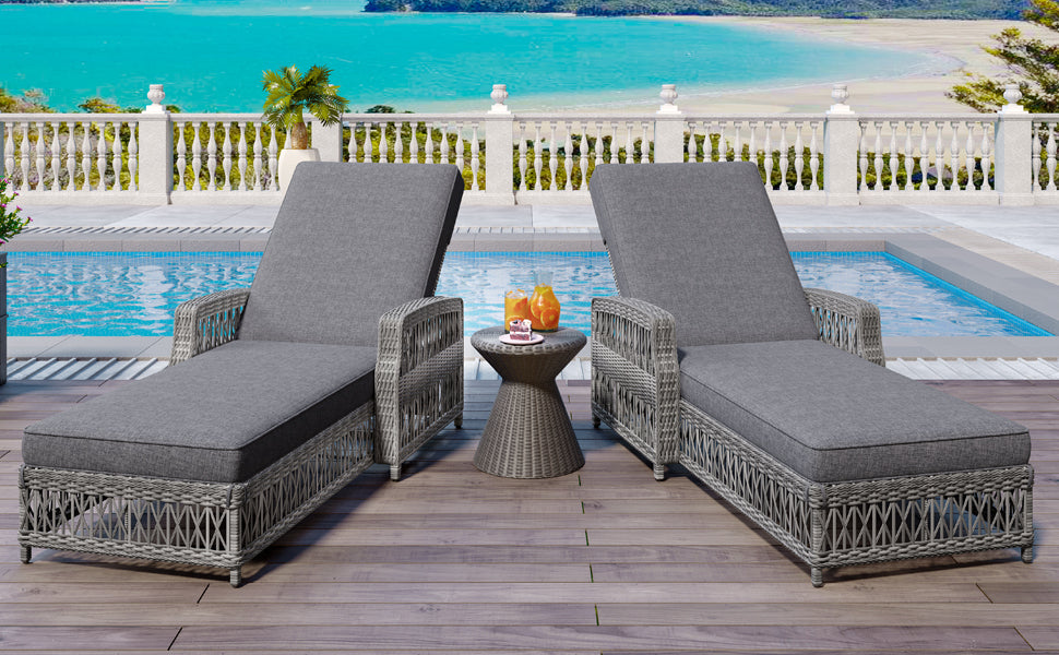 GO 2 Pieces Long Reclining Chaise, Outdoor Wicker Lounge with Armrests, Patio Adjustable Recliner with Soft Removable Cushions, All Weather Rattan Pool Lounge for Poolside & Garden, Gray