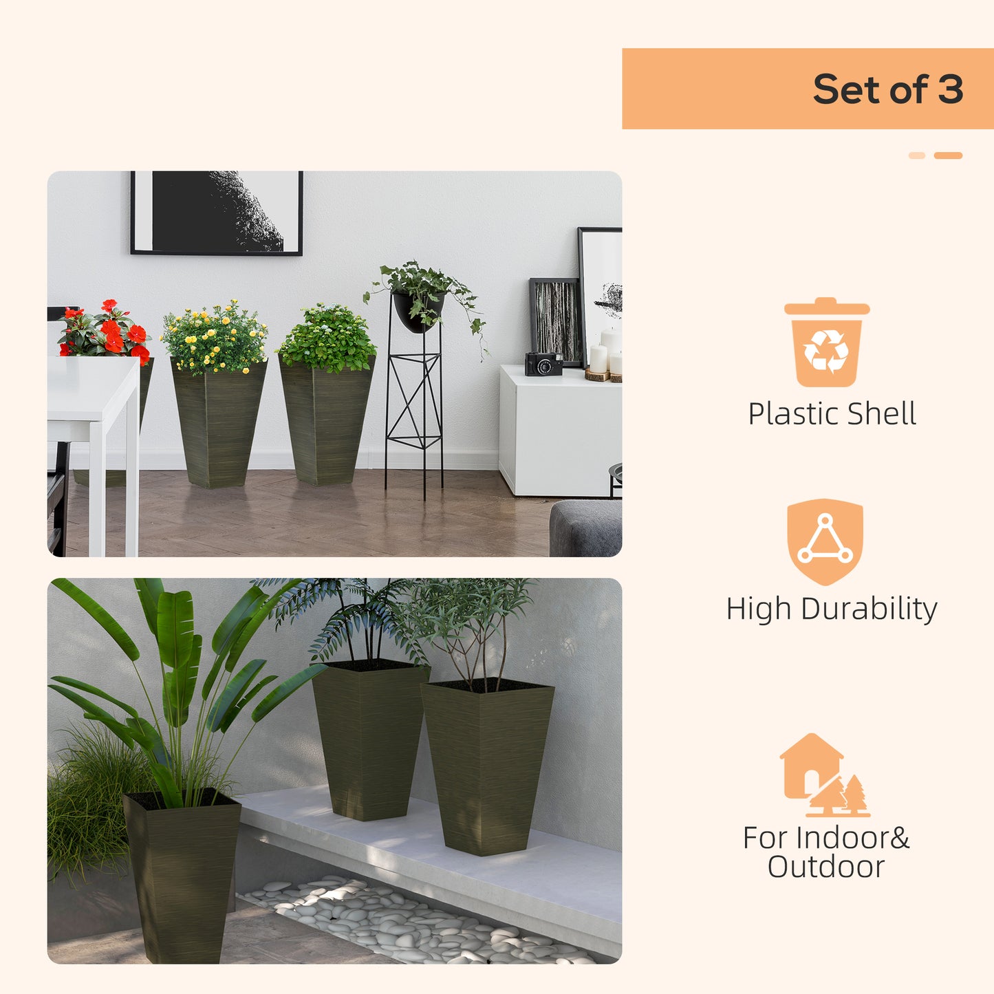 Outsunny 28" Tall Outdoor Planters, Set of 3 Large Taper Planters with Drainage Holes and Plug, Faux Wood Plastic Flower Pots for Outdoor, Indoor, Garden, Patio, Dark Brown