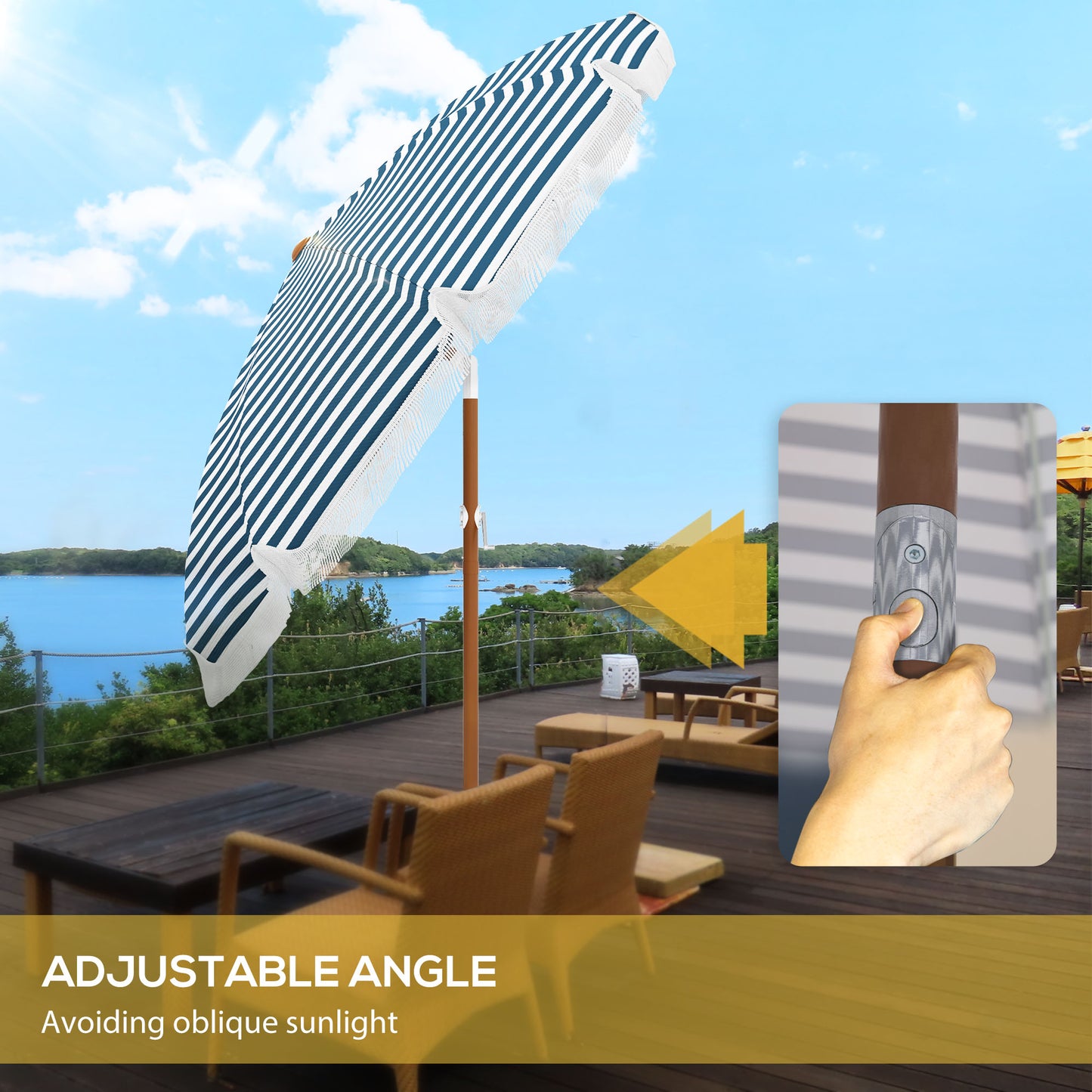 Outsunny 7 x 7 ft Outdoor Patio Umbrella with Tilt, Vent, Market Table Umbrella Parasol with Fringed Ruffles and Flounce, Blue Strip