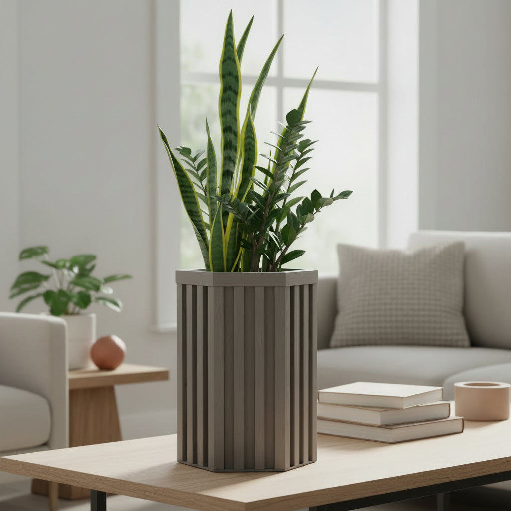 Hexagon Column Planter SM - Grey Brown