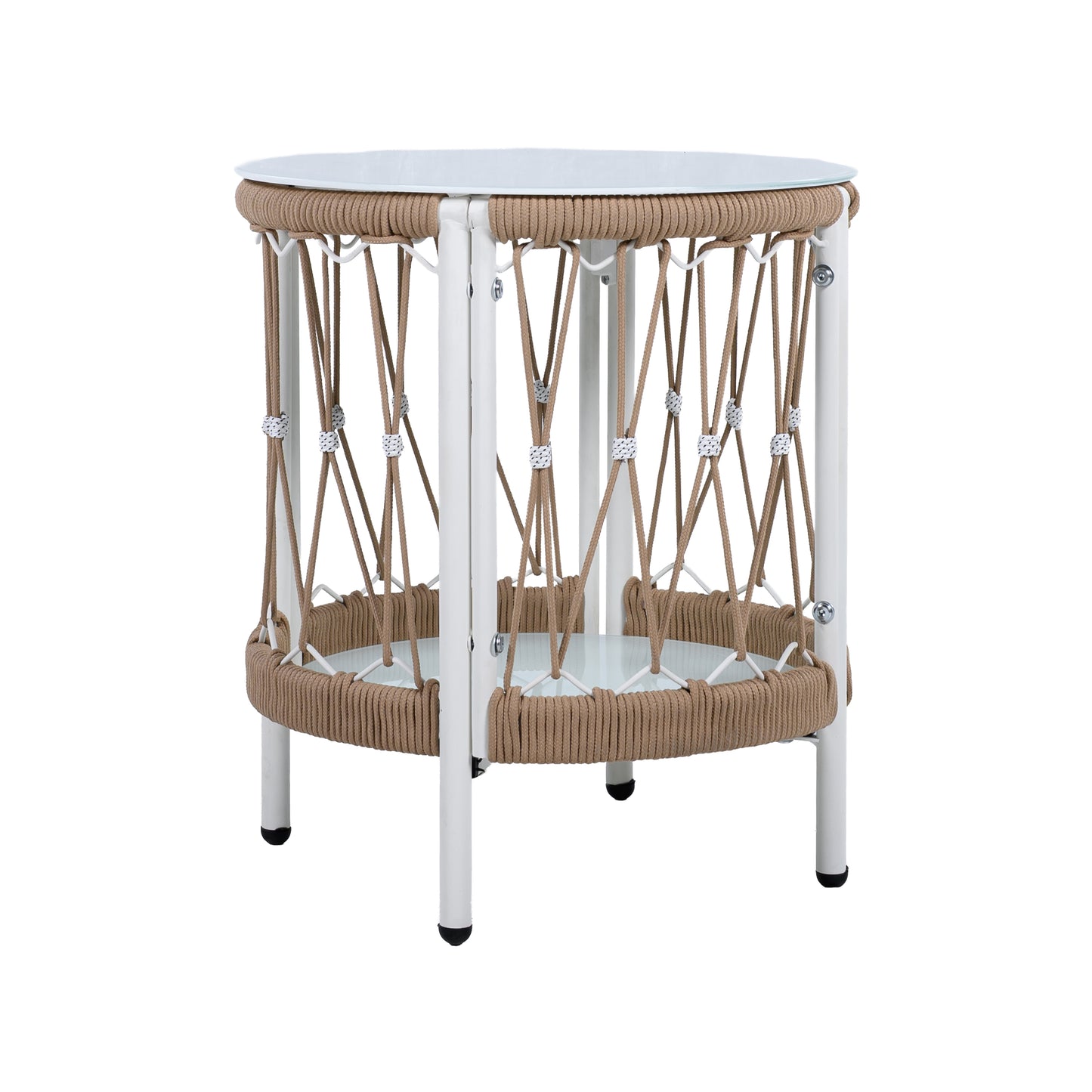 17.32" Bohemian Garden Accent Outdoor Side Table - Handwoven Rope with Powder-Coated Steel Frame, Glass Top, Small Patio End Table for Drinks, Plants