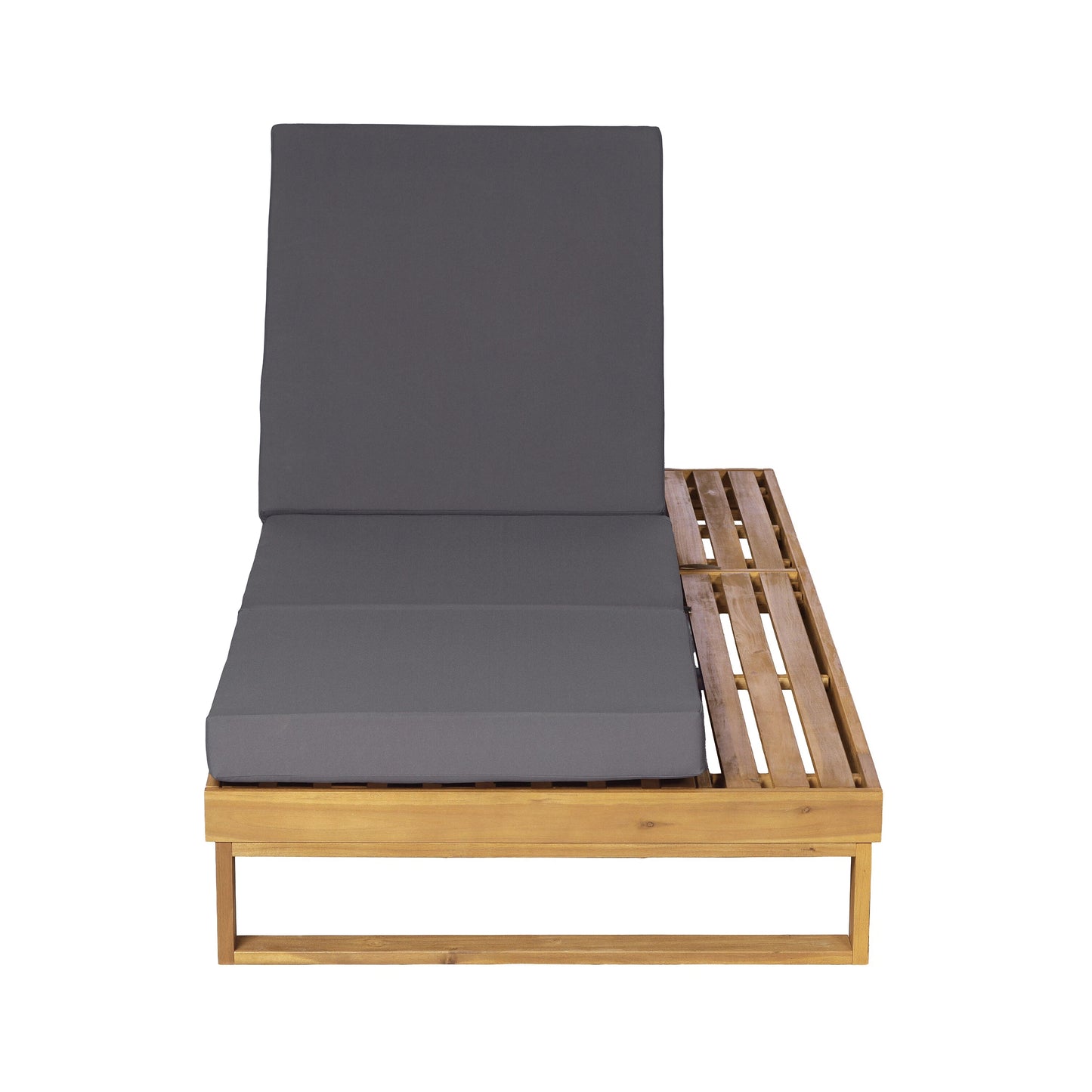 Teak Finish Acacia Wood Chaise Lounge with 4-Inch Dark Grey 3-Fold Water-Resistant Cushion Set, 4-Position Adjustable Outdoor Patio Lounger with Flat Side Surface- Matching cream version available