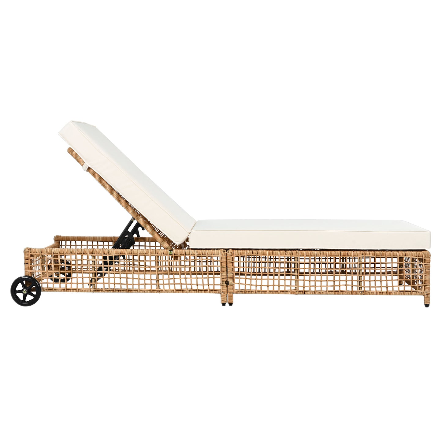 TREXM Outdoor Lounge Chair, Patio Chaise Lounge with 5-Position Backrest, Rattan Outdoor Lounge Chair with Cushion and Wheels for Poolside, Backyard, Garden (Natural+Beige)