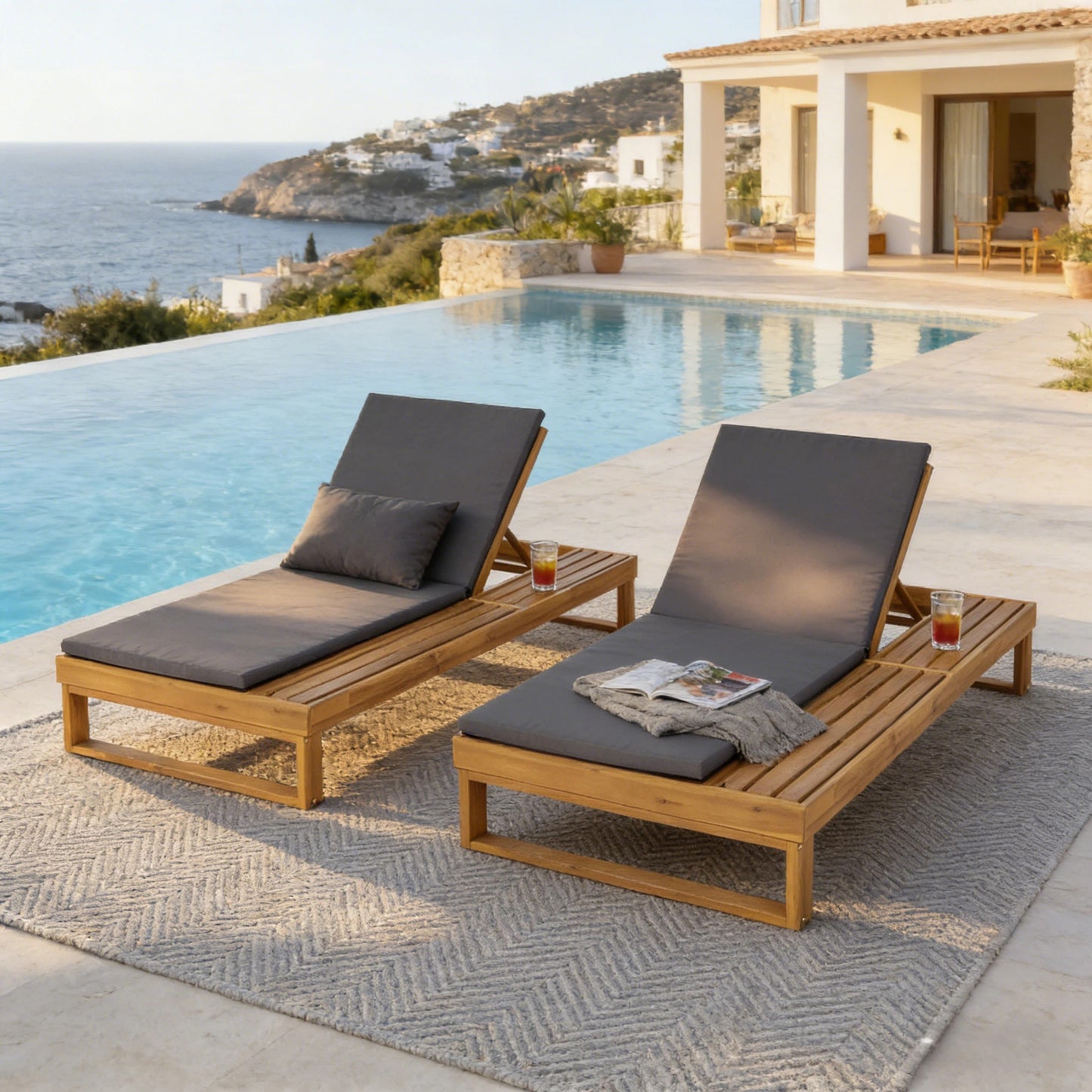 Teak Finish Acacia Wood Chaise Lounge with 1.57-Inch Dark Gray 2-Fold Cushion Set, 4-Position Adjustable with Flat Side Surface, for Poolside - Matching cream,leaf coconut version available