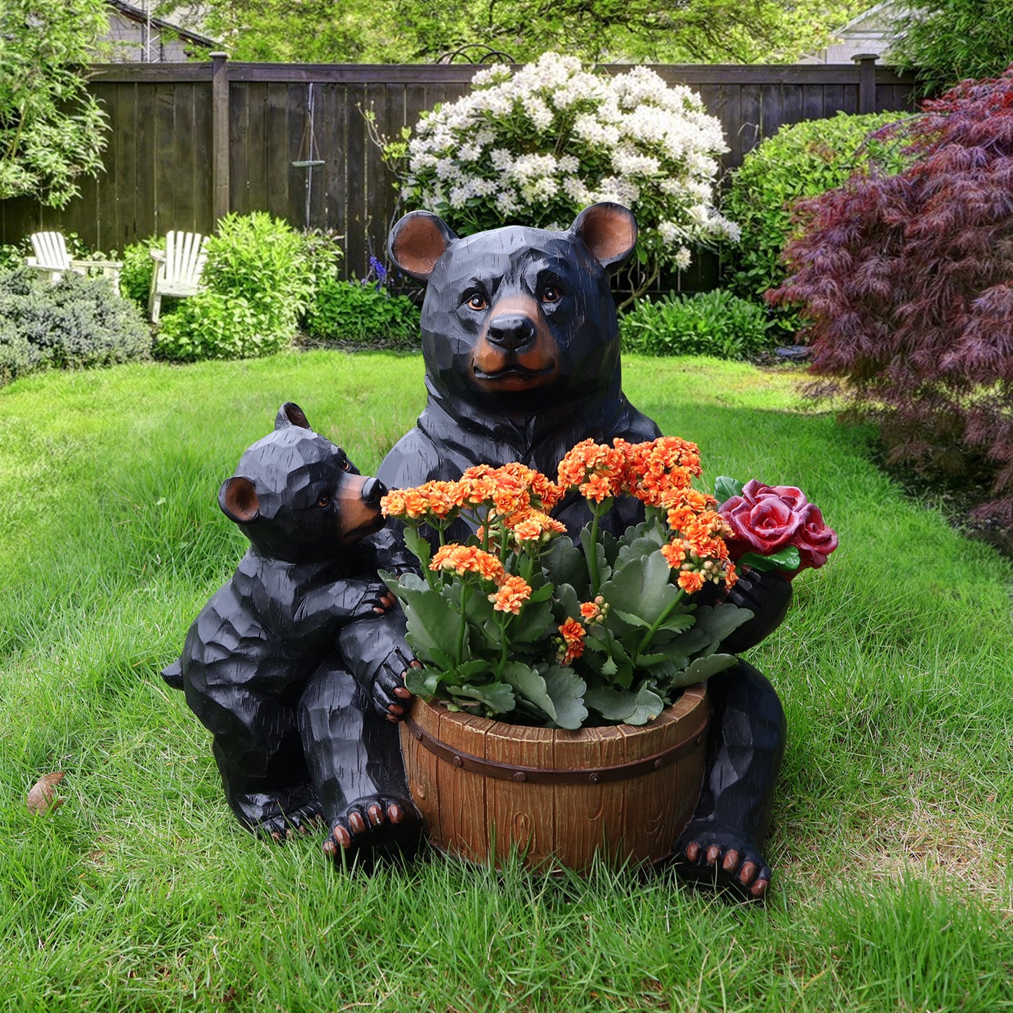 Outdoor Garden Sculpture Bear Flower Pot Planter - Unique Yard Statue Decoration, Interesting Law Outdoor Ornament