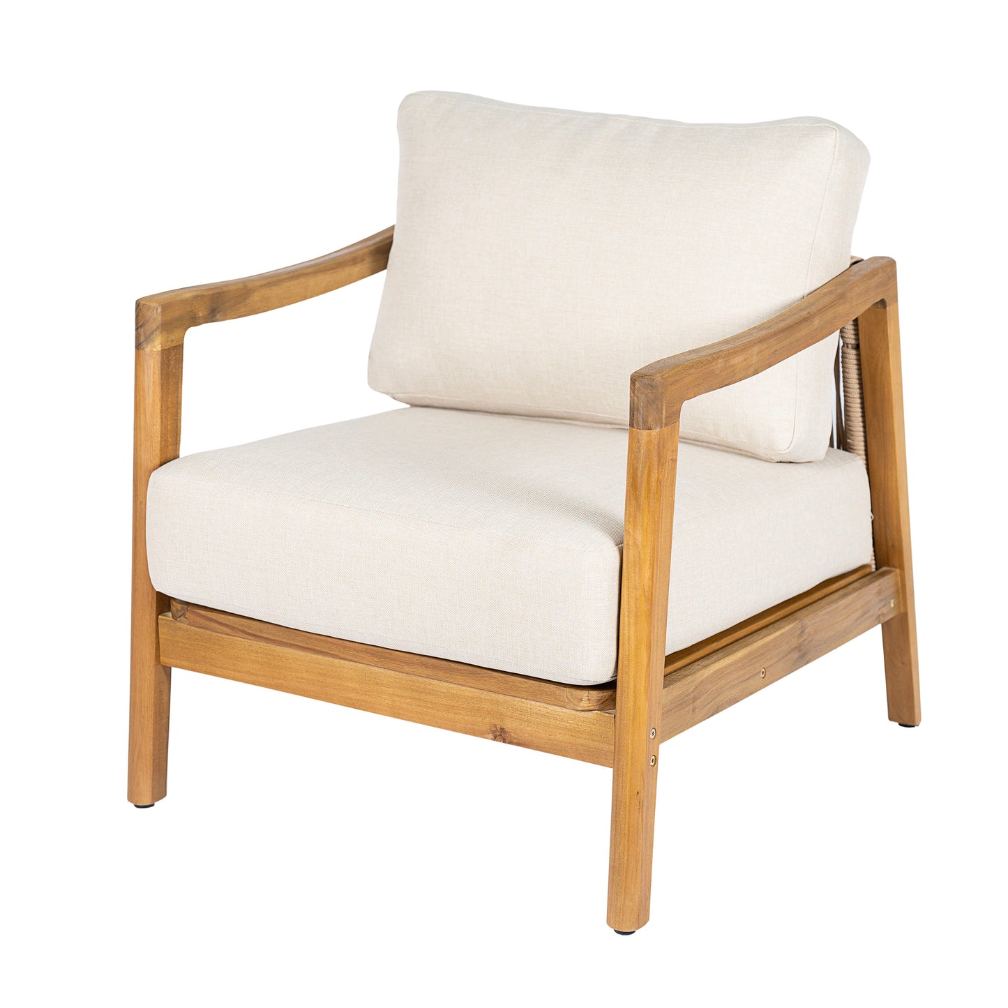 Outdoor Club Chair , Acacia Wood Frame with Rope Back Detail, Water-Repellent Beige Cushions for Patio/Backyard/Deck