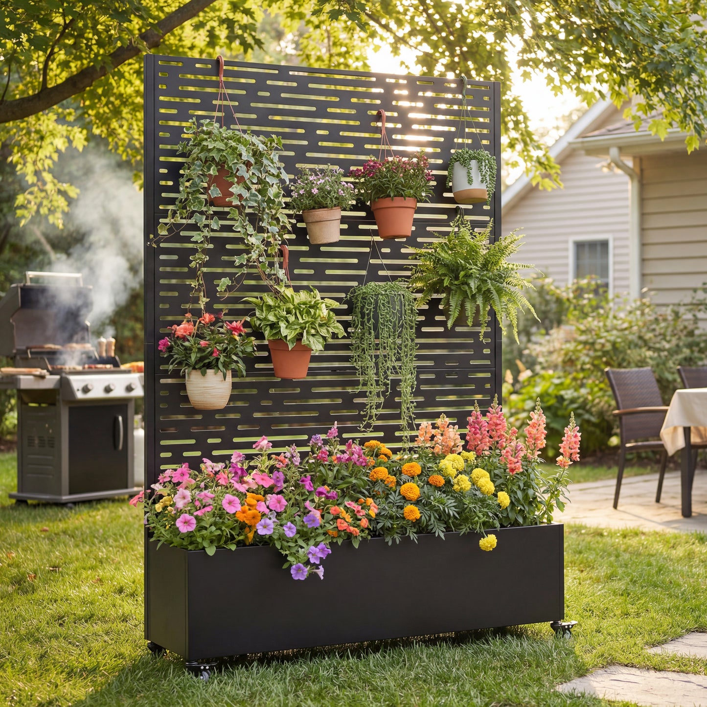 Metal Raised Garden Bed with Wheels and Trellis,73"x47"x16" Planter Box for Climbing Plants, Vegetables & Vines, Features Privacy Screen and Drainage Holes