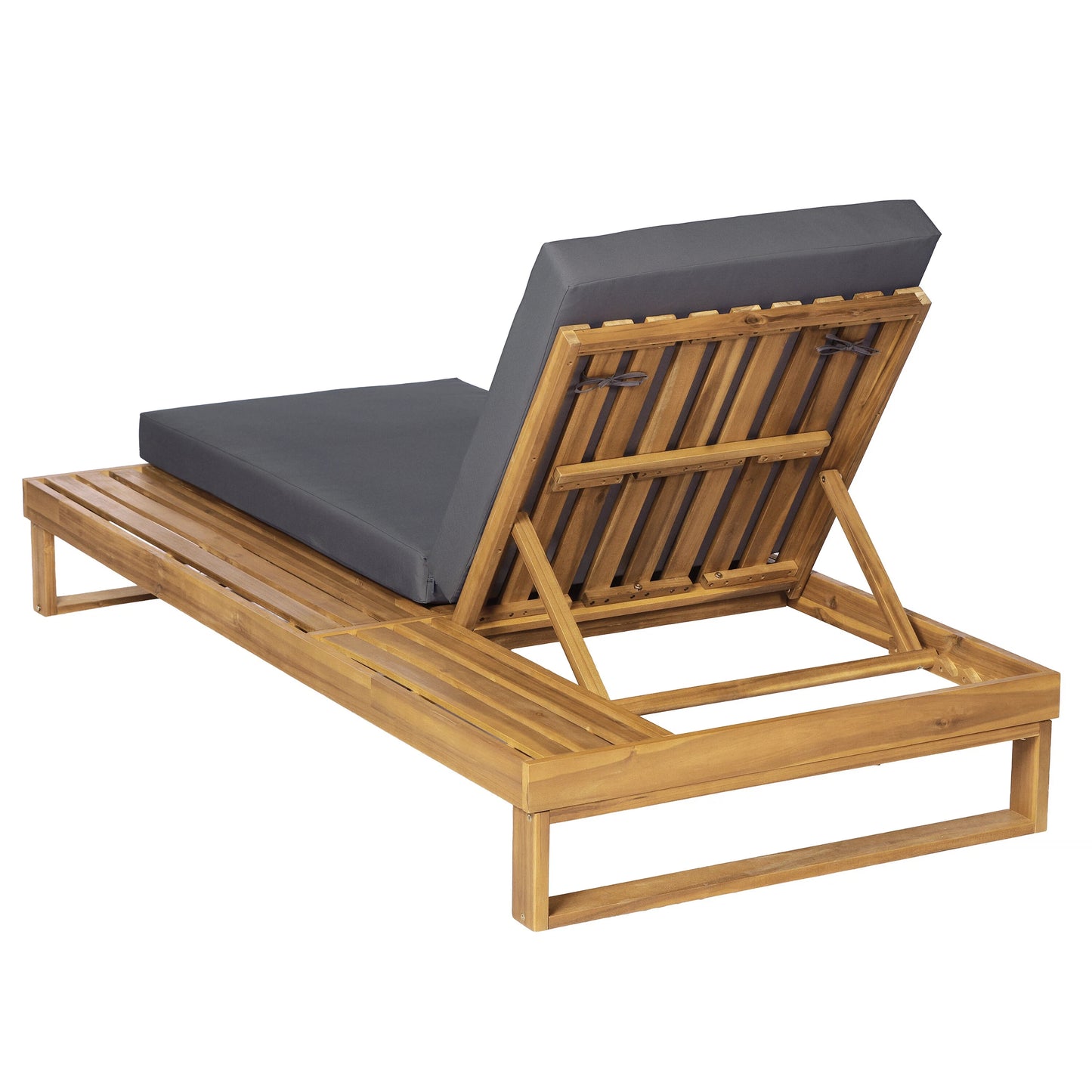 Teak Finish Acacia Wood Chaise Lounge with 4-Inch Dark Grey 2-Fold Cushion Set, 4-Position Adjustable Outdoor Patio Lounger with Flat Side Surface, for Poolside - Matching cream version available