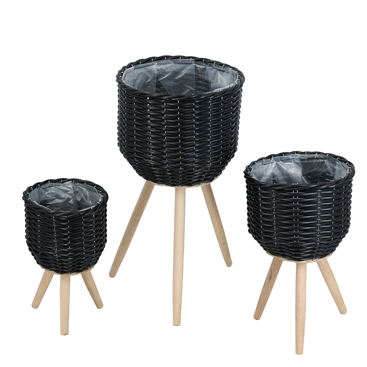 Set of 3 Black Poly Rattan Baskets with Rope Texture and Tapered Wooden Legs, L:12x12x23.5" M:10x10x17.5" S:8x8x13.5"