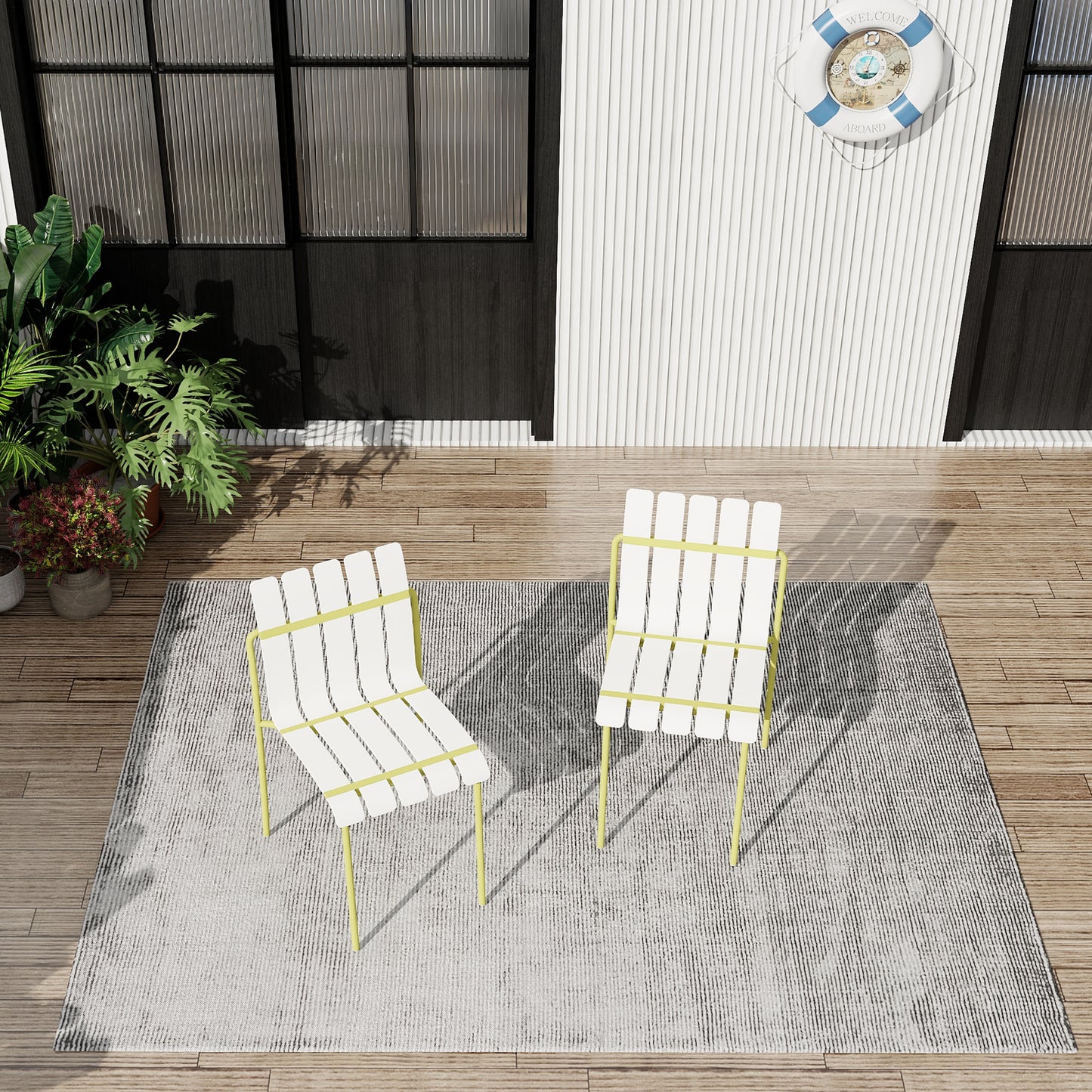 Summer - 4-Pack Modern Striped Color Block Chairs - Waterproof PP Seat & Sturdy Metal Legs, Indoor/Outdoor Dining Set for Patio, Balcony, Café (White & Yellow)